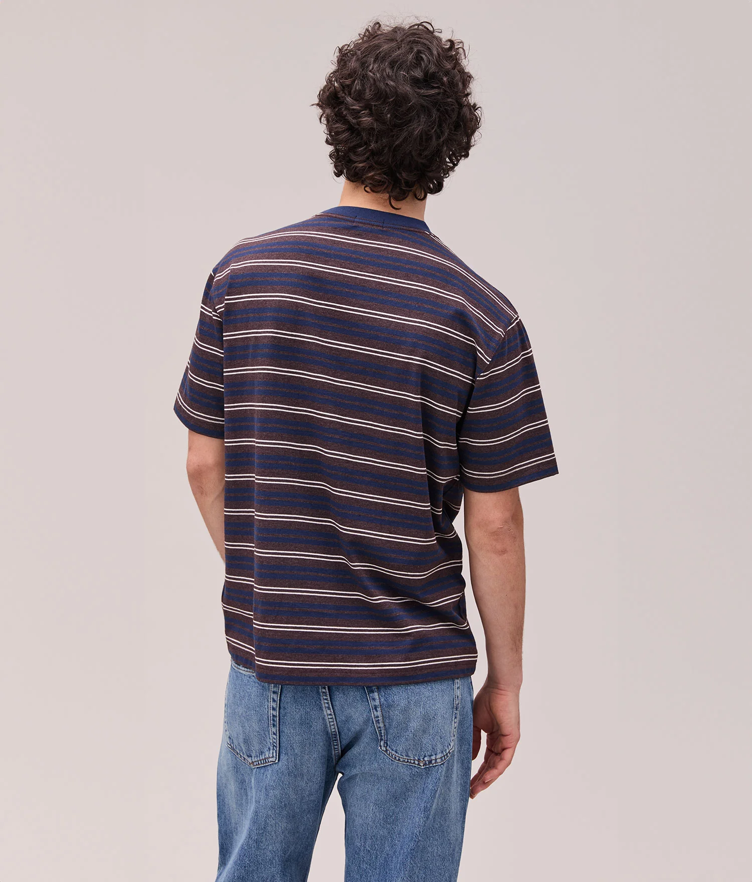 Mens Recycled Stripe Tee - Recycled Jersey - Brown Navy Stripe - Image 3