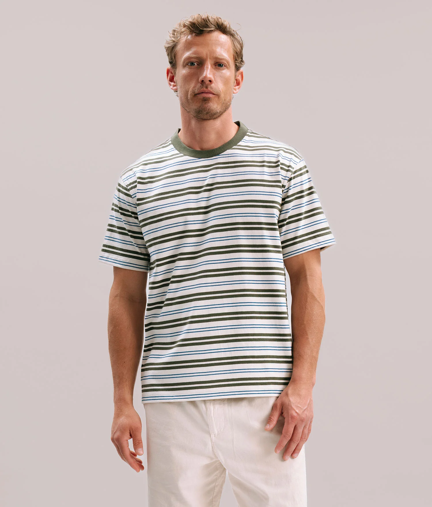 Mens Recycled Stripe Tee - Recycled Jersey - White/Surplus Stripe