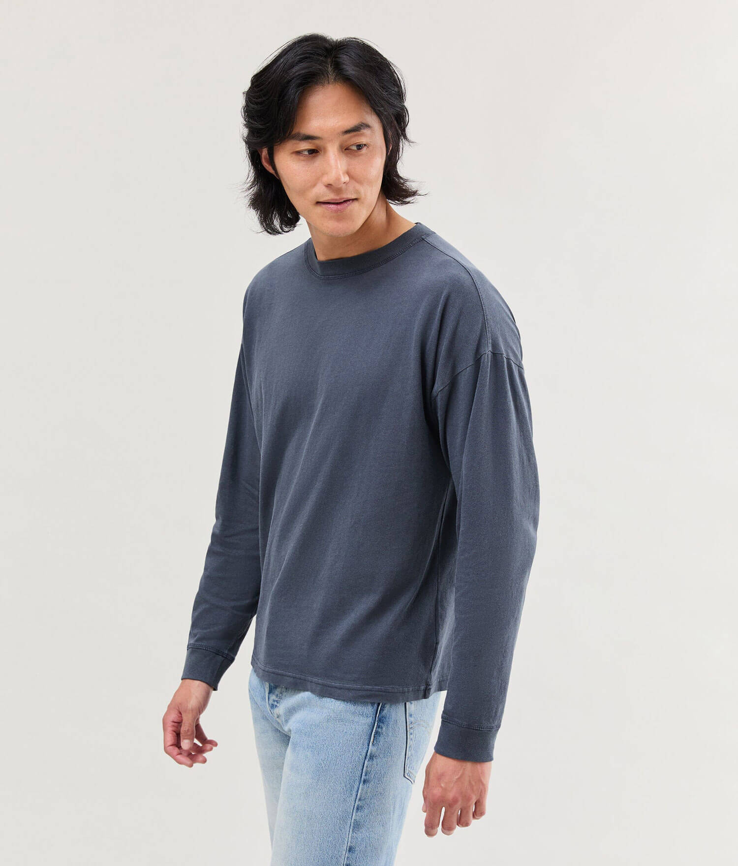Mens Relaxed Long Sleeve Tee - Pigment Dye Jersey - Blue Steel - Image 3