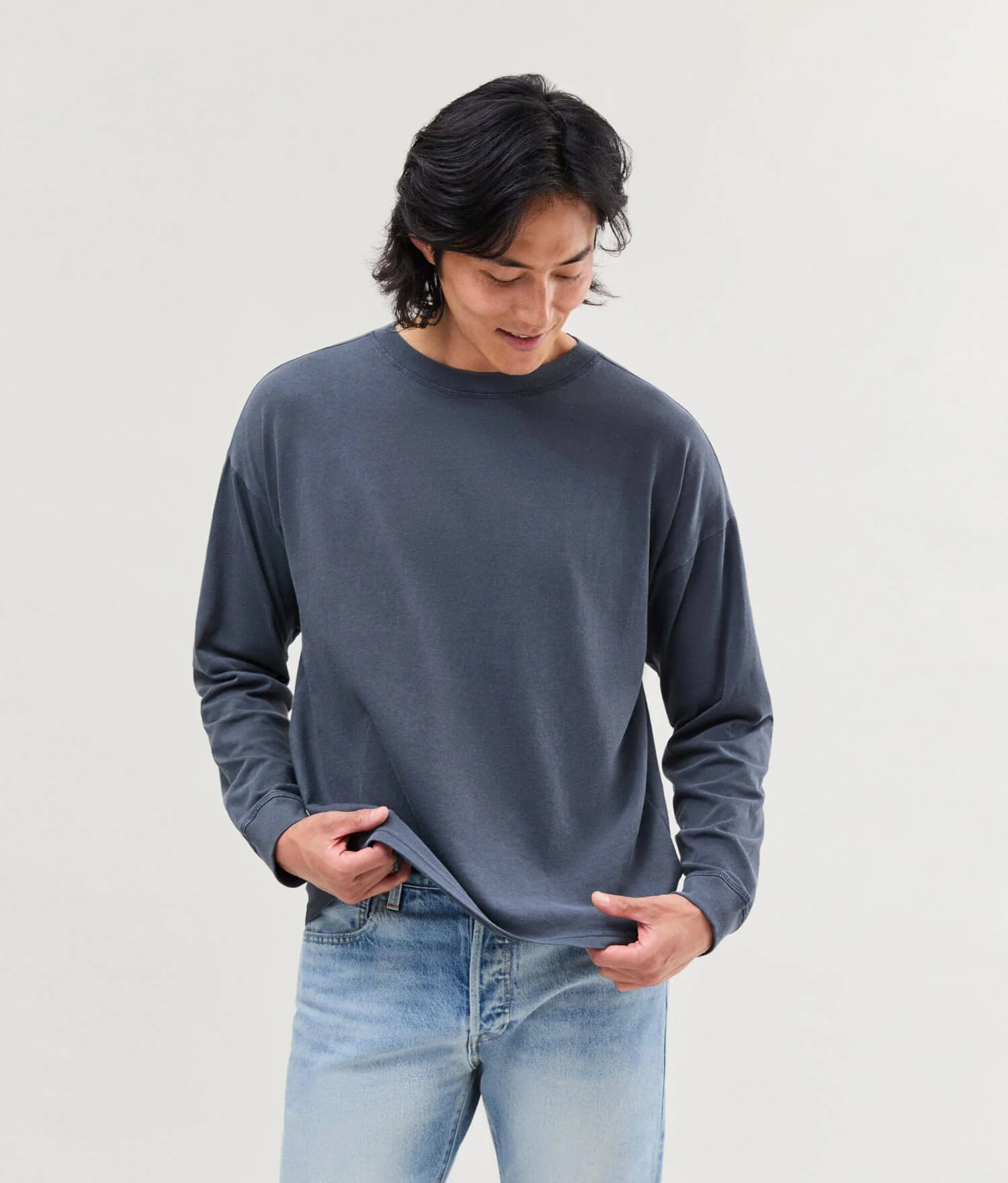 Mens Relaxed Long Sleeve Tee - Pigment Dye Jersey - Blue Steel - Image 4