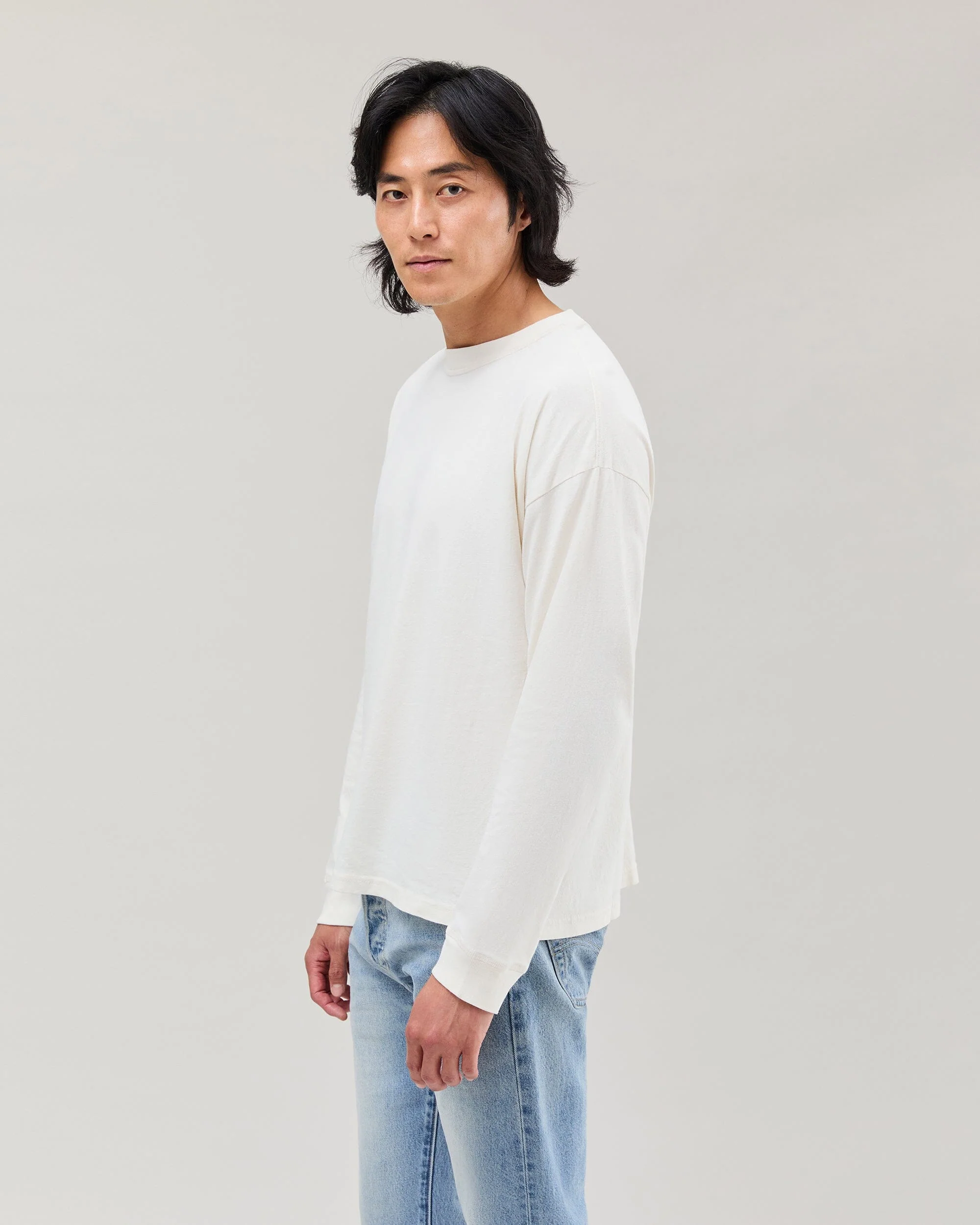 Mens Relaxed Long Sleeve Tee - Pigment Dye Jersey - Bone - Image 3