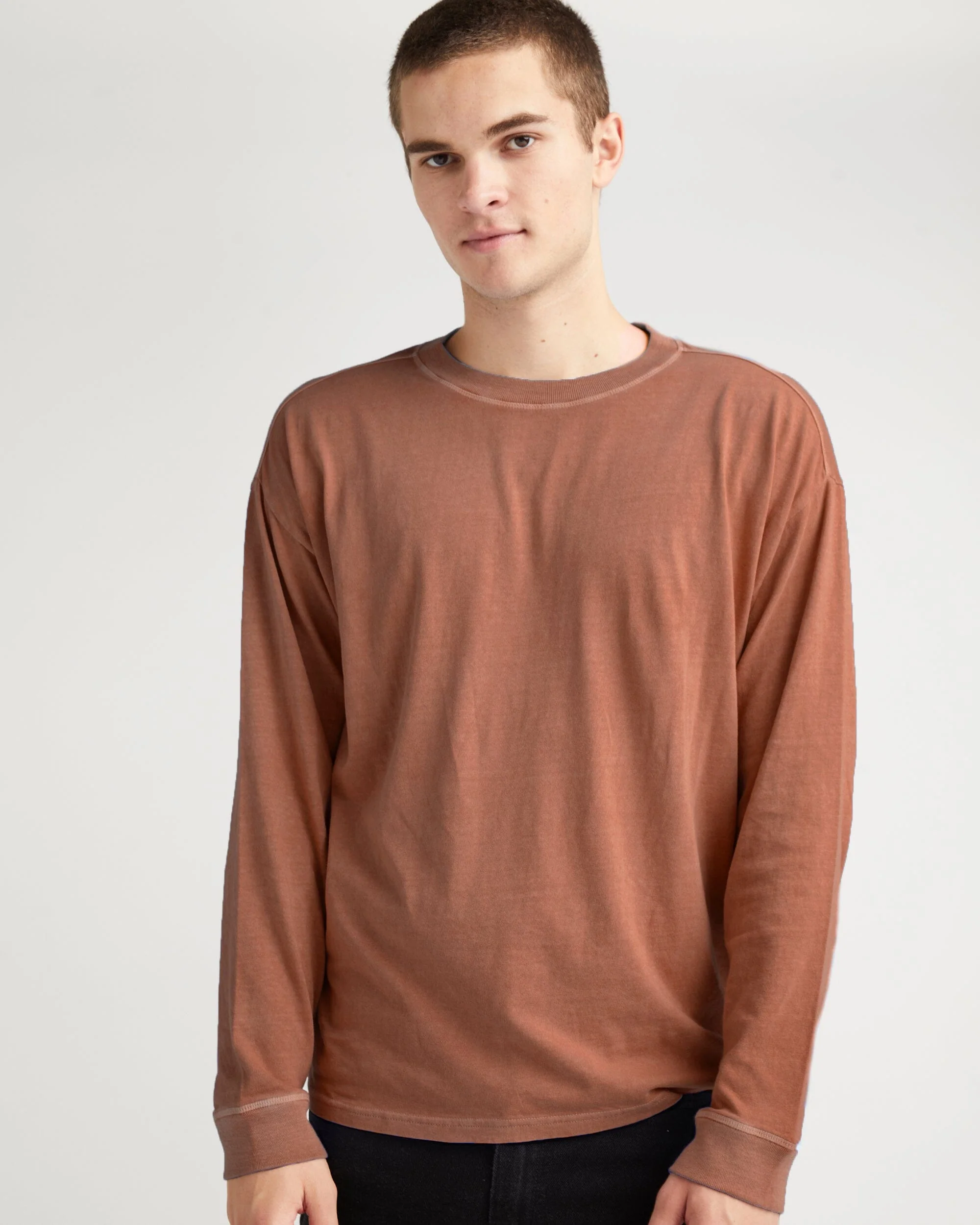 Mens Relaxed Long Sleeve Tee - Pigment Dye Jersey - Latte