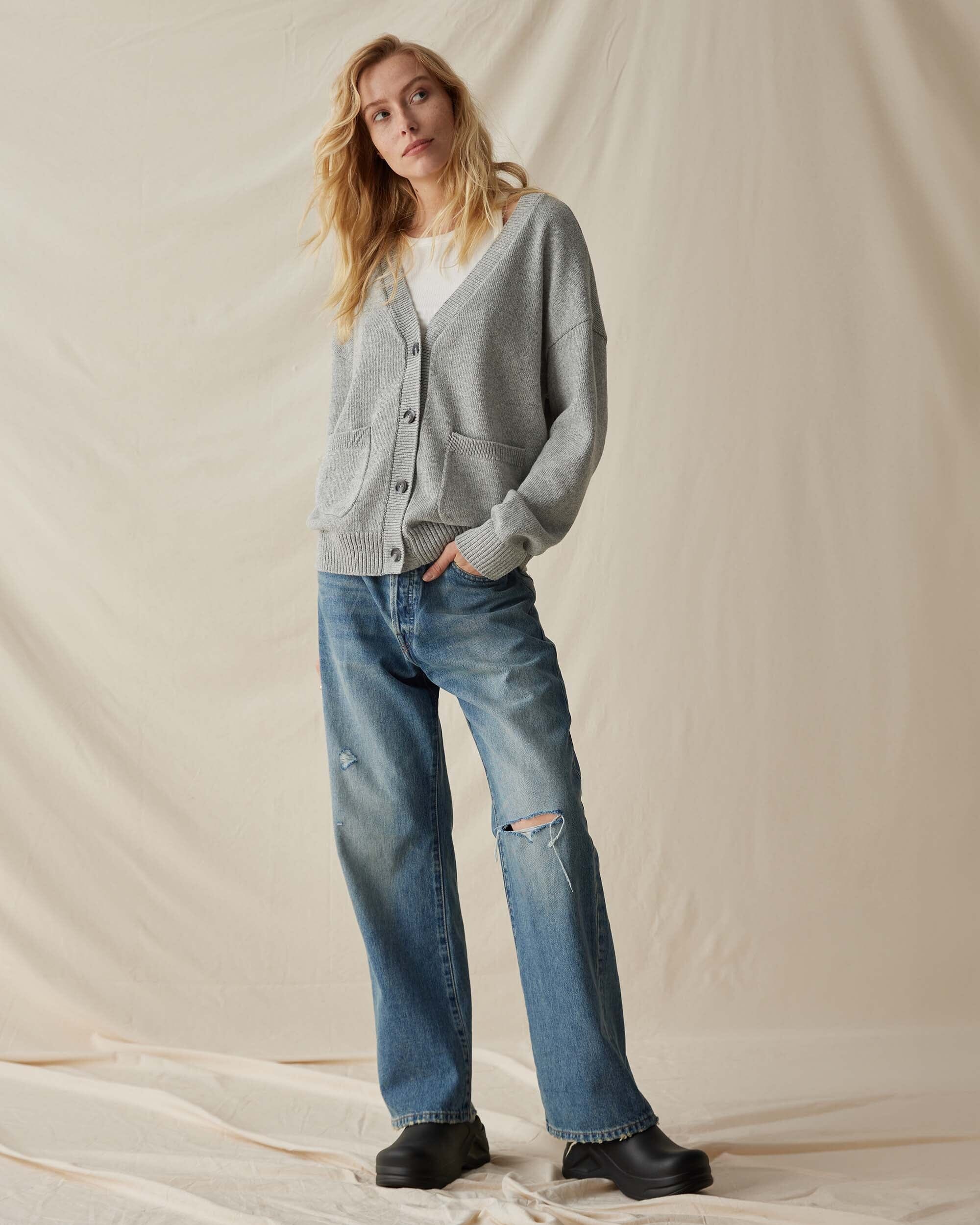 Womens Alexa Lightweight Cardigan - Cotton Sweater Knit - Heather Grey - Image 2