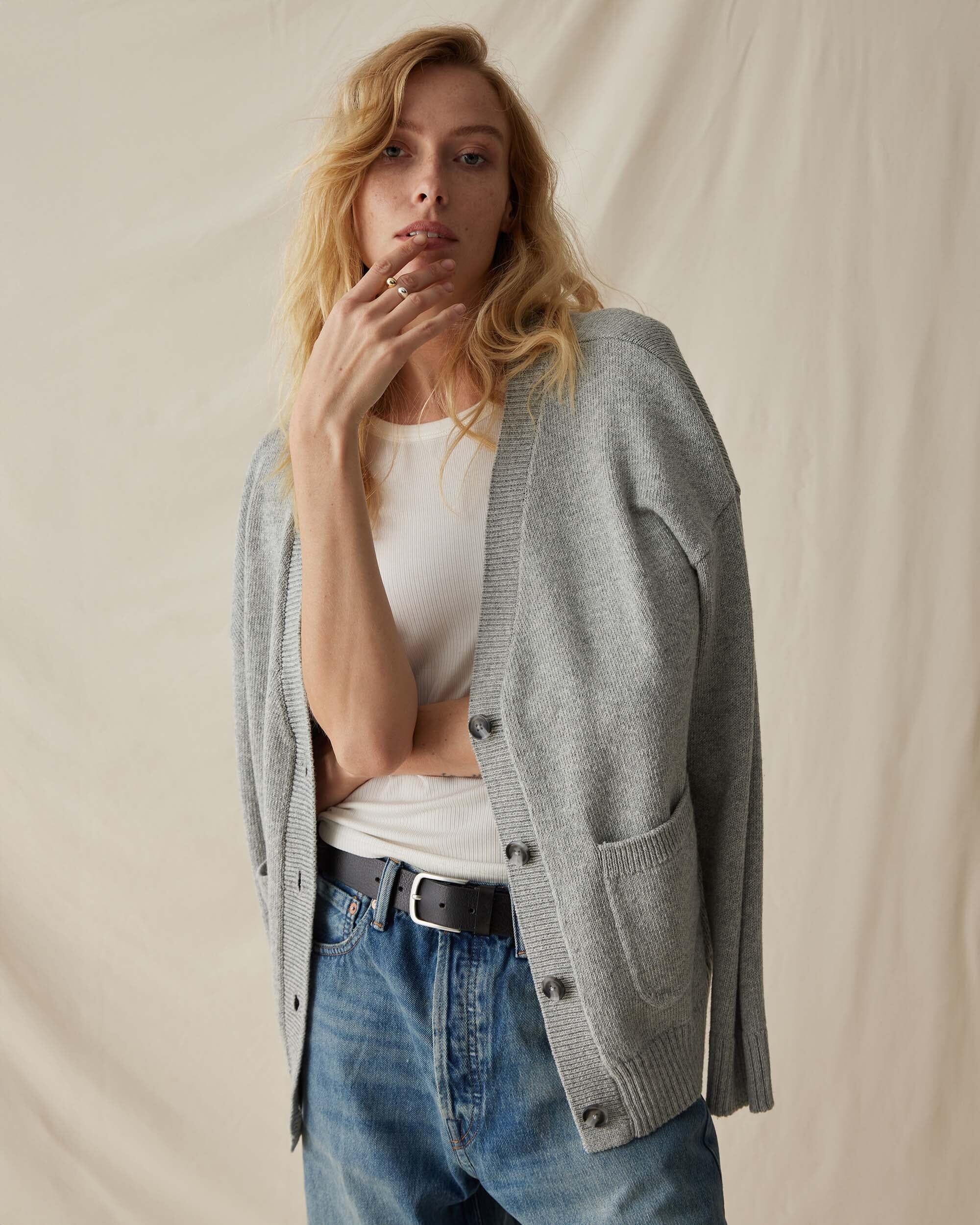 Womens Alexa Lightweight Cardigan - Cotton Sweater Knit - Heather Grey - Image 3
