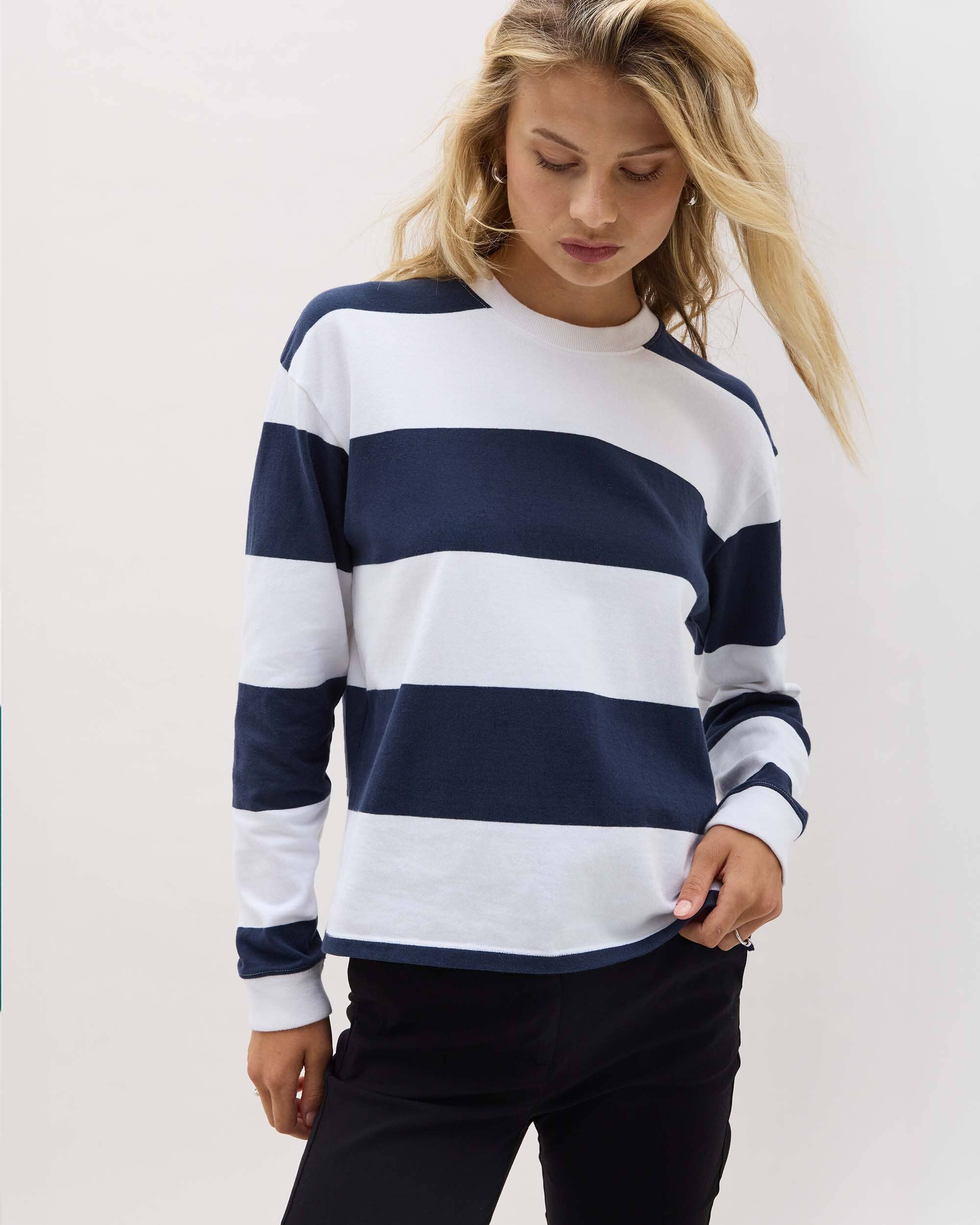 Womens Heavy Pima Rugby Pullover - Pima Cotton Jersey - Blue Nights Stripe - Image 2