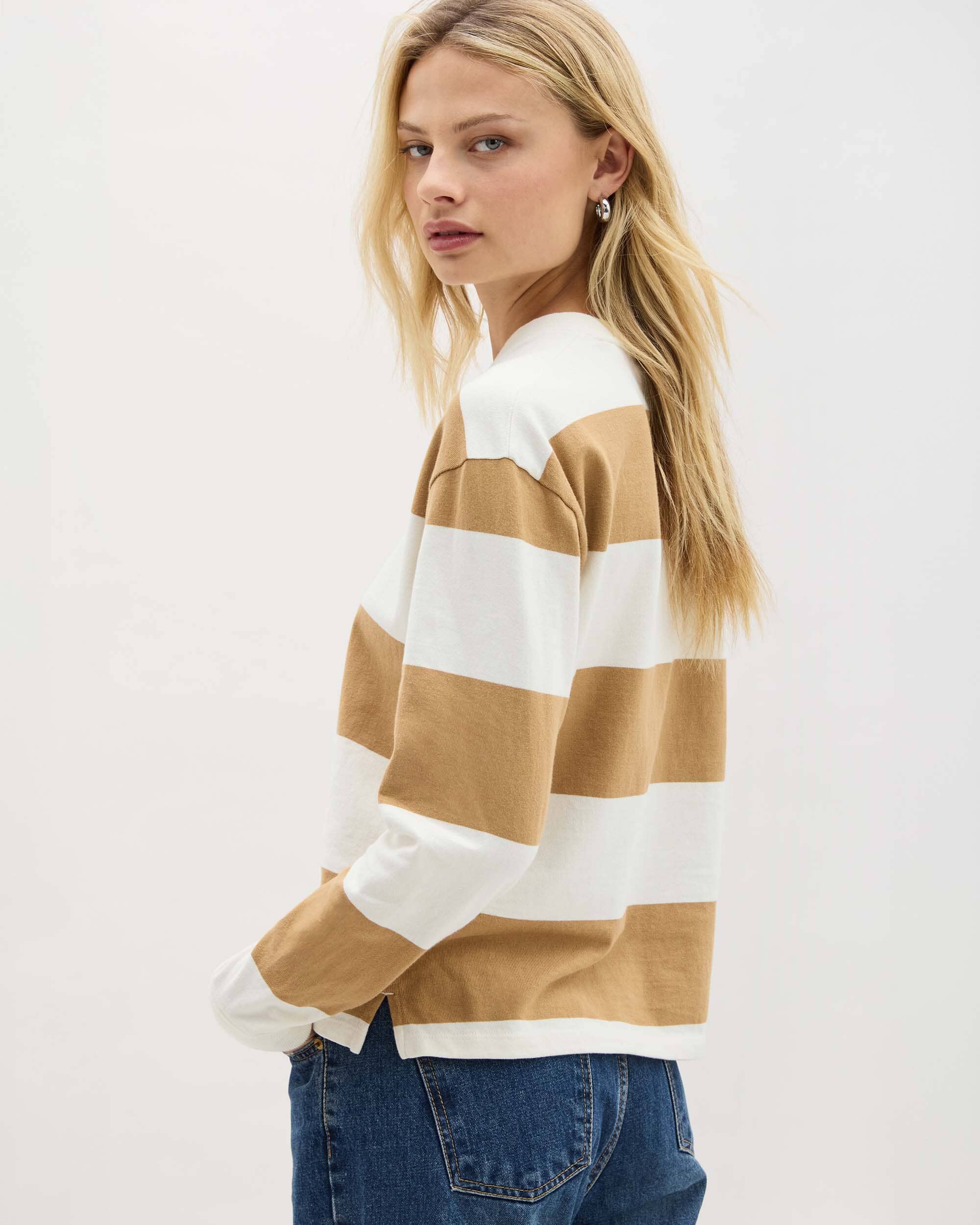 Womens Heavy Pima Rugby Pullover - Pima Cotton Jersey - Khaki Stripe - Image 3