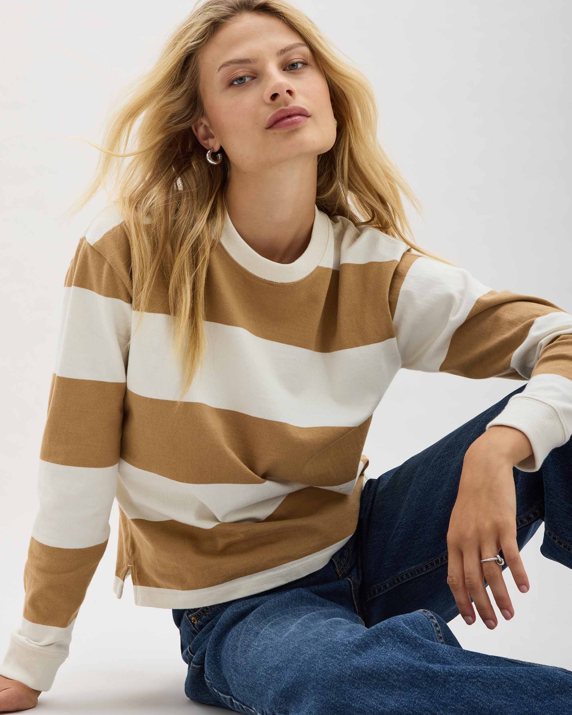 Womens Heavy Pima Rugby Pullover - Pima Cotton Jersey - Khaki Stripe - Image 5