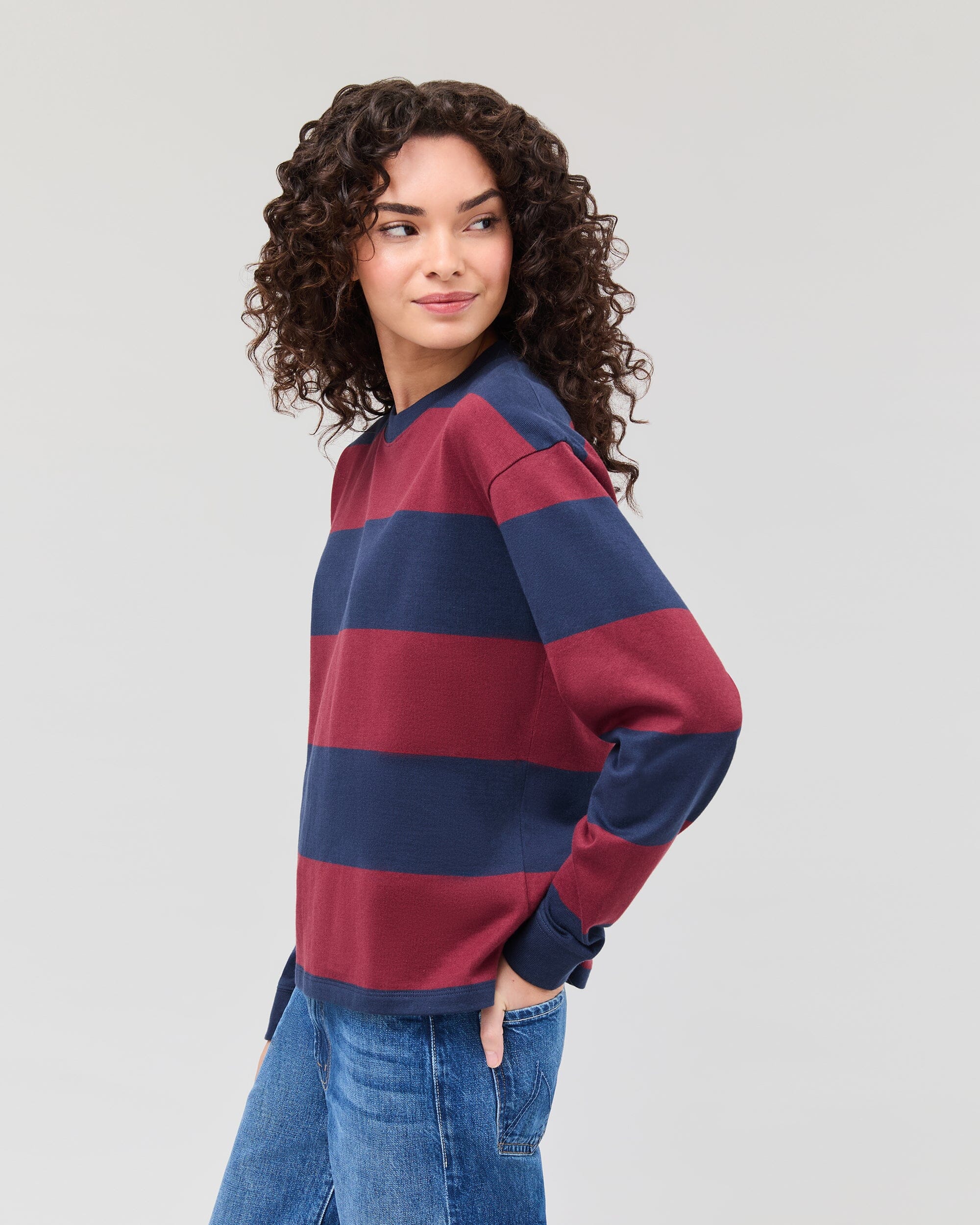 Womens Heavy Pima Rugby Pullover - Pima Cotton Jersey - Maroon/Navy Stripe - Image 3