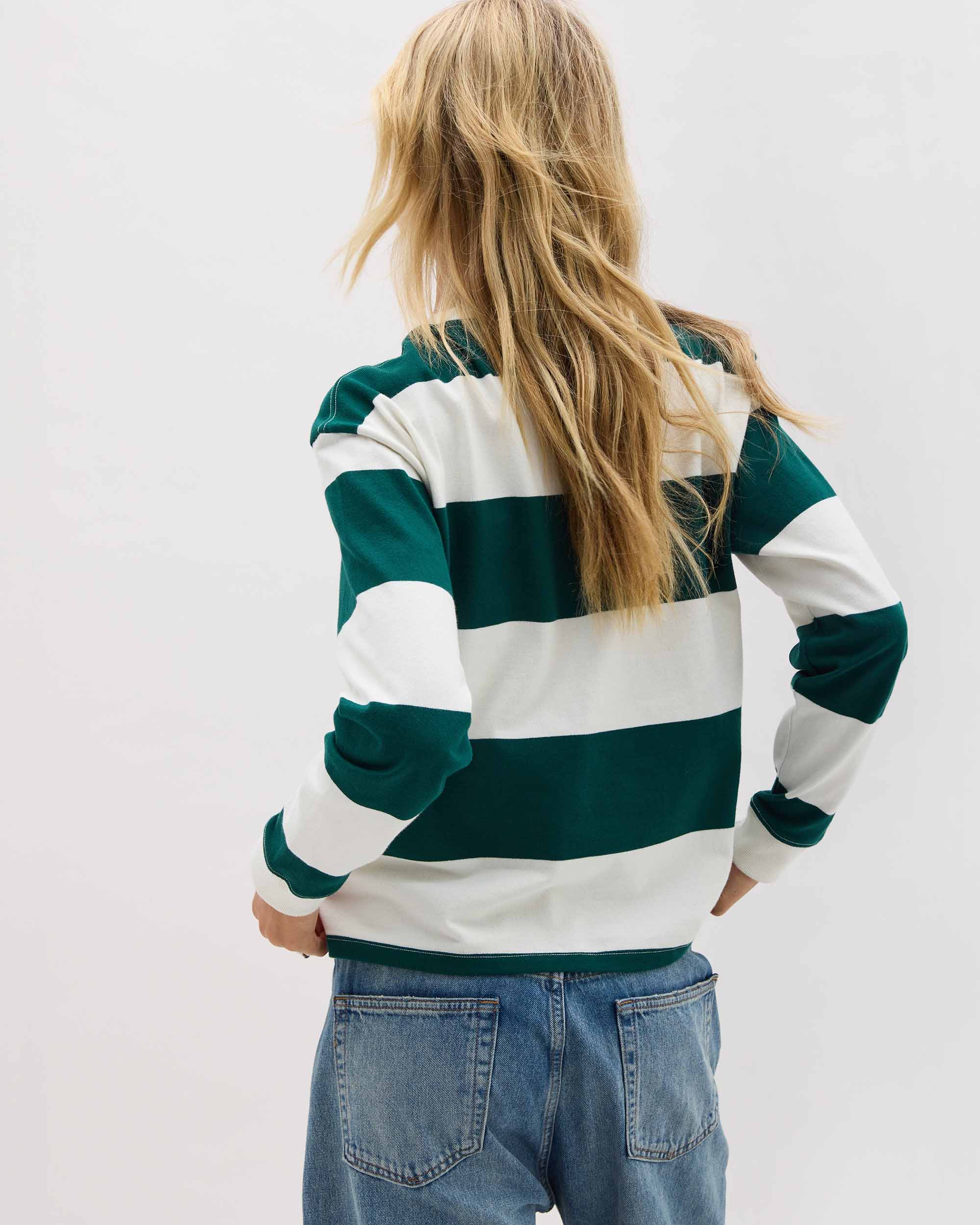 Womens Heavy Pima Rugby Pullover - Pima Cotton Jersey - Rainforest Bone Stripe - Image 4