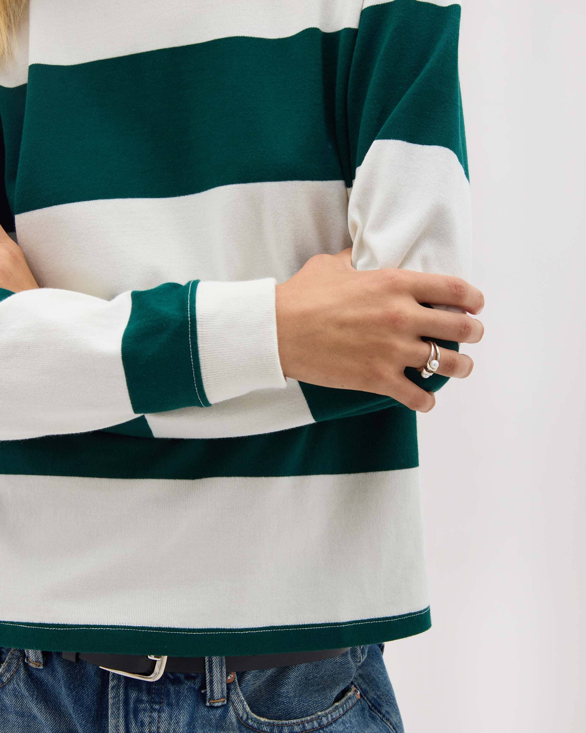 Womens Heavy Pima Rugby Pullover - Pima Cotton Jersey - Rainforest Bone Stripe - Image 5