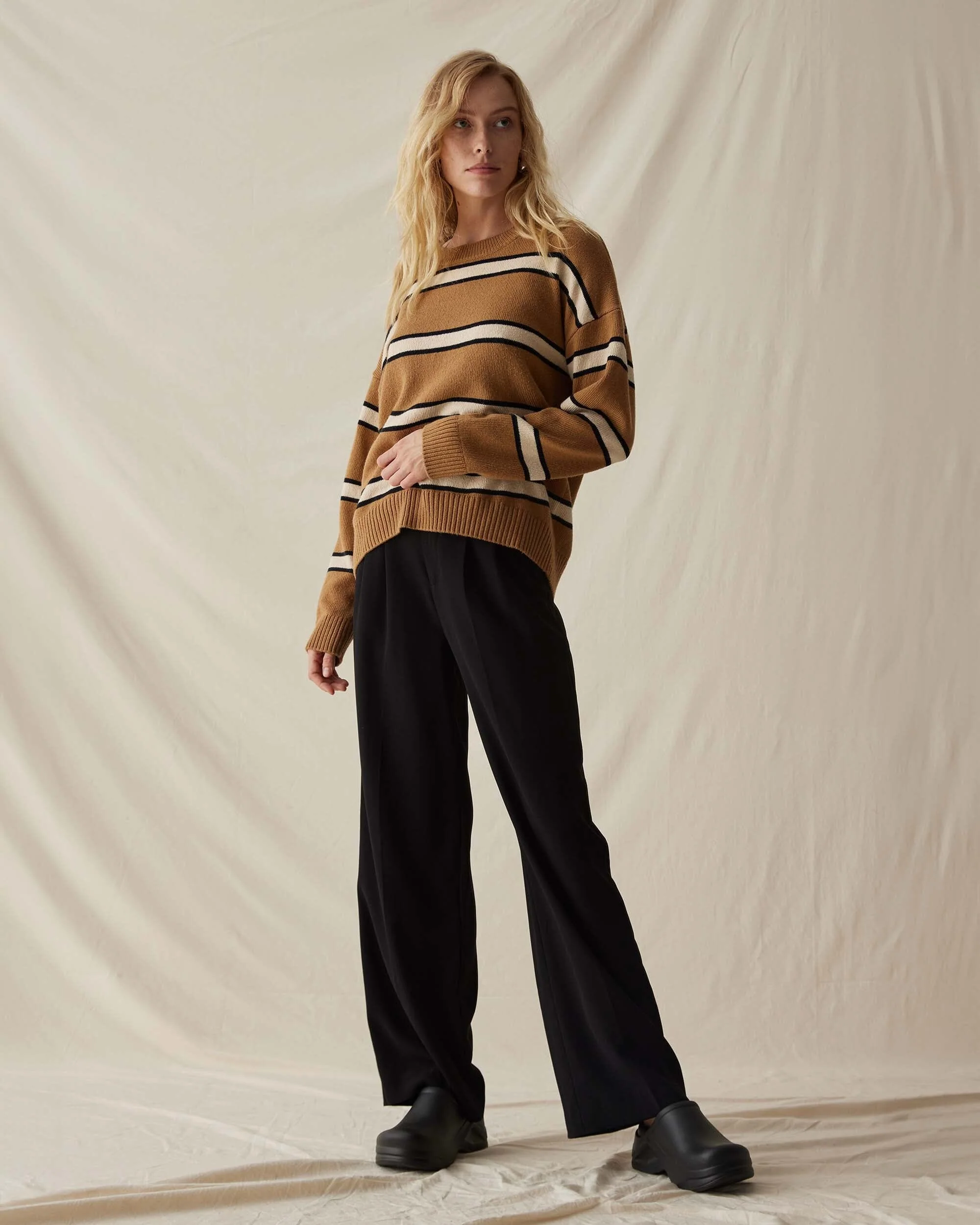 Womens Felicity Lightweight Sweater - Cotton Sweater Knit - Khaki Stripe - Image 2