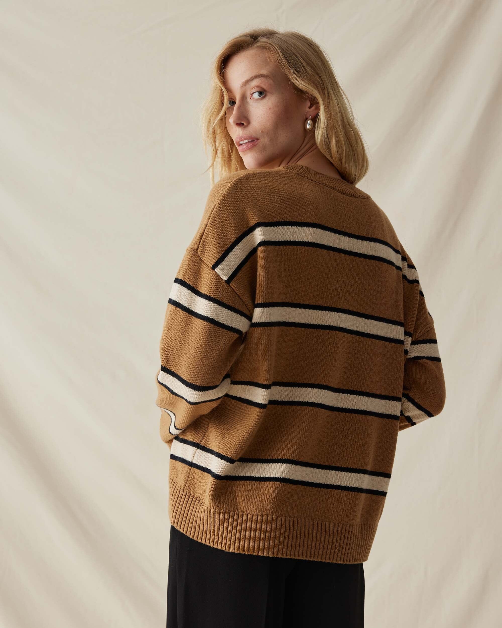 Womens Felicity Lightweight Sweater - Cotton Sweater Knit - Khaki Stripe - Image 3