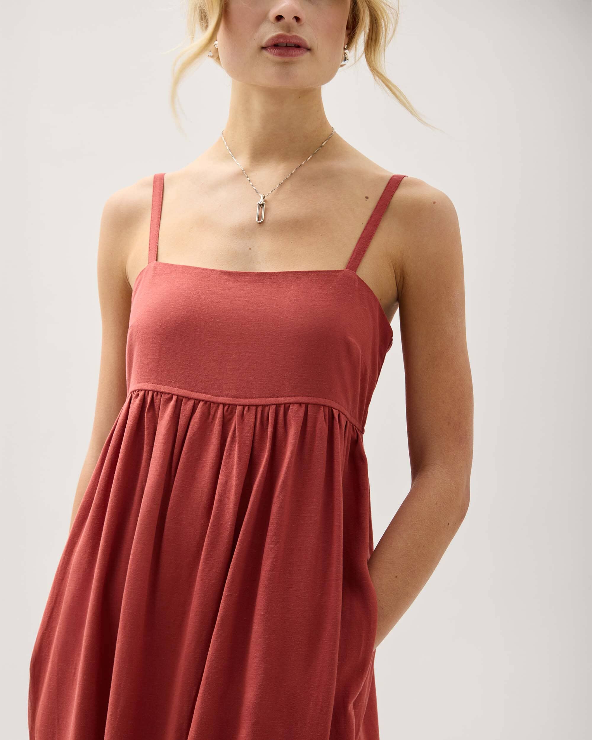 Womens Linen Maxi Dress - Rayon Linen Woven - Marsala - Image 4
