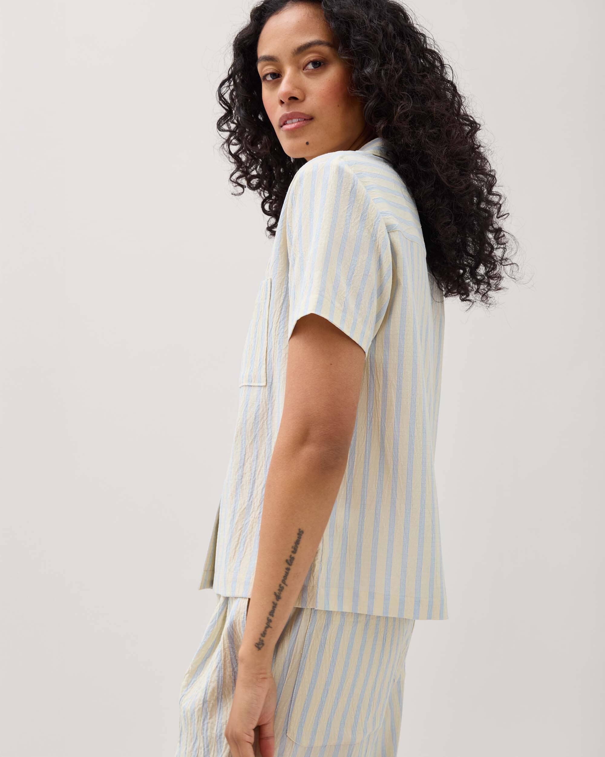 Womens Palermo Short Sleeve Camp Shirt - Poly Seer Sucker Stripe - Vanilla Blue Stripe - Image 4