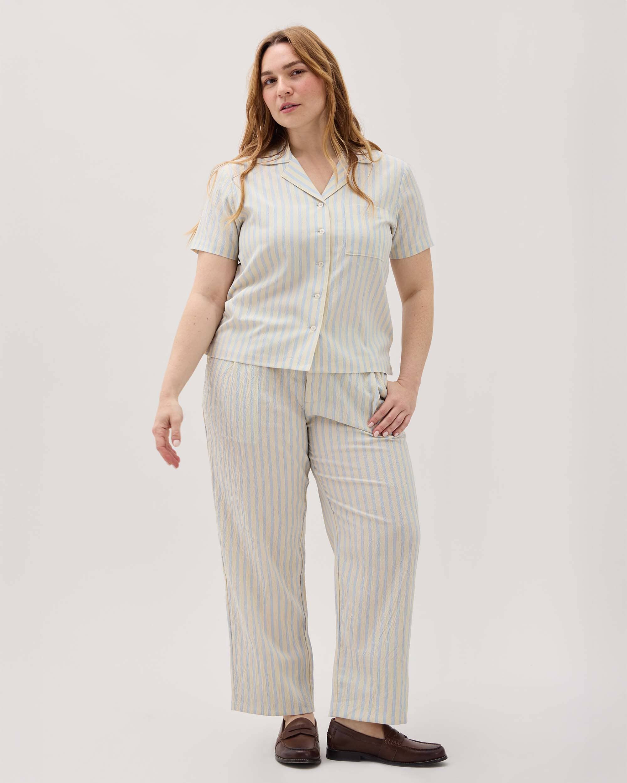 Womens Palermo Short Sleeve Camp Shirt - Poly Seer Sucker Stripe - Vanilla Blue Stripe - Image 7
