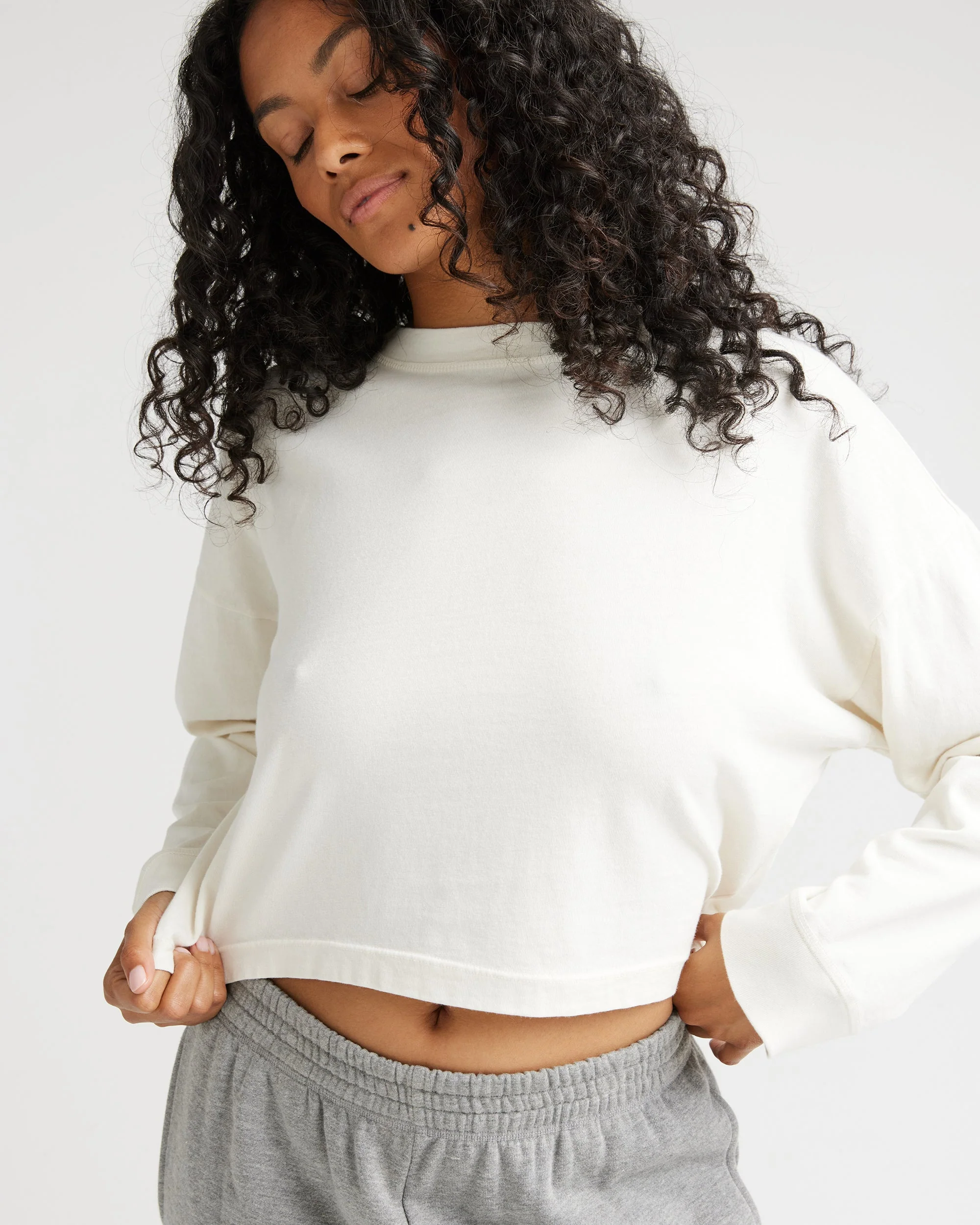 Womens Relaxed Crop Long Sleeve Tee - Pigment Dye Jersey - Bone - Image 2