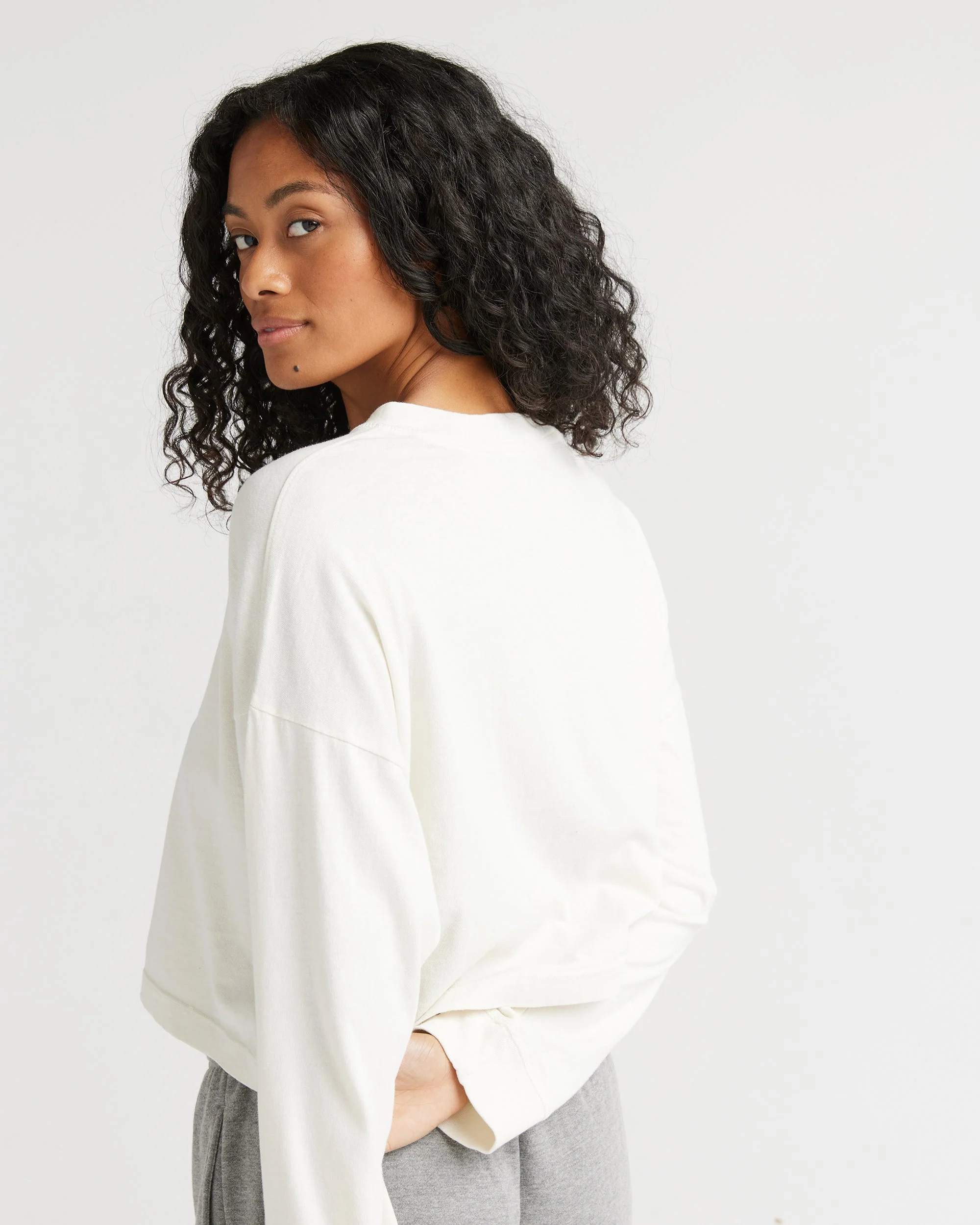 Womens Relaxed Crop Long Sleeve Tee - Pigment Dye Jersey - Bone - Image 3