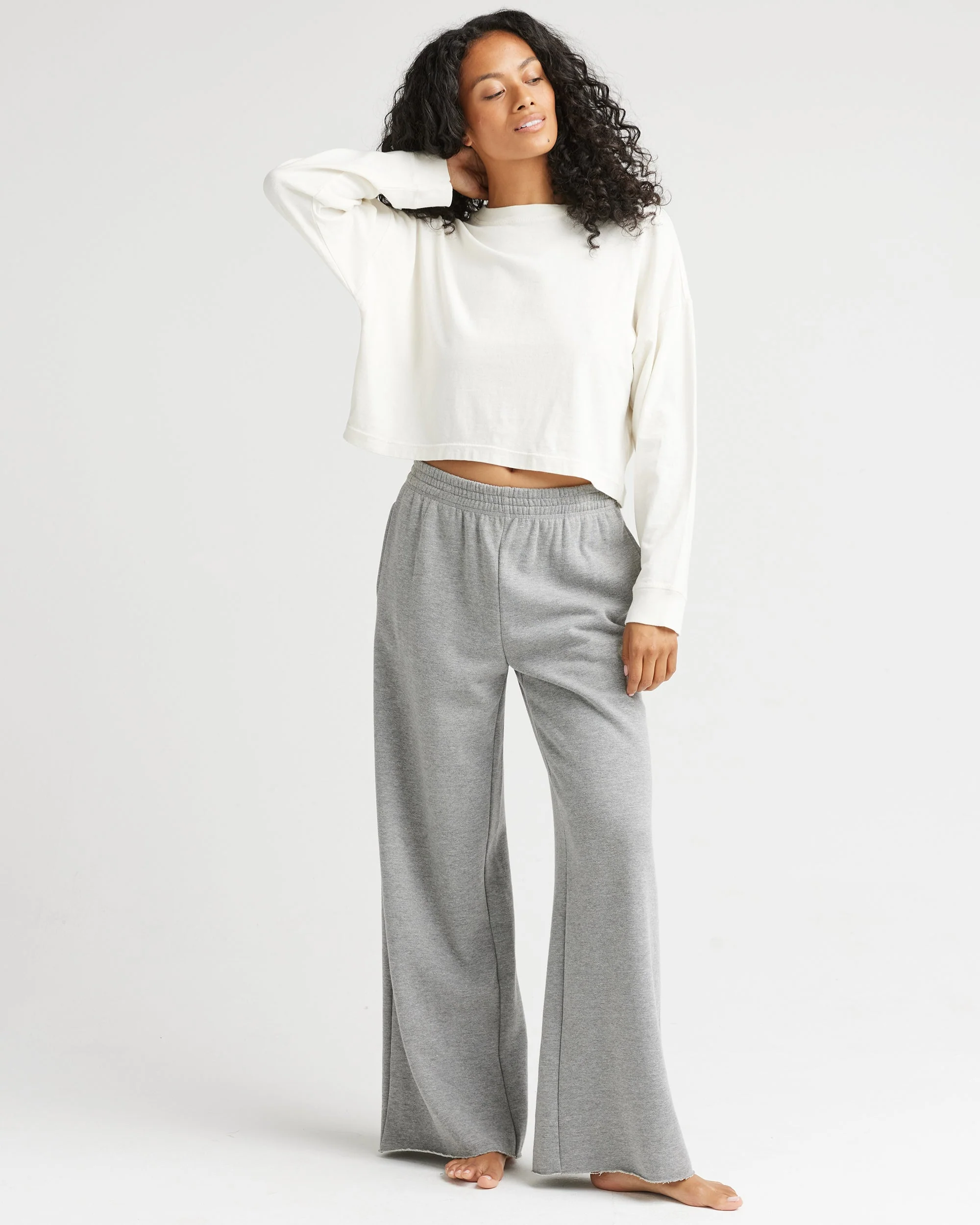 Womens Relaxed Crop Long Sleeve Tee - Pigment Dye Jersey - Bone - Image 4