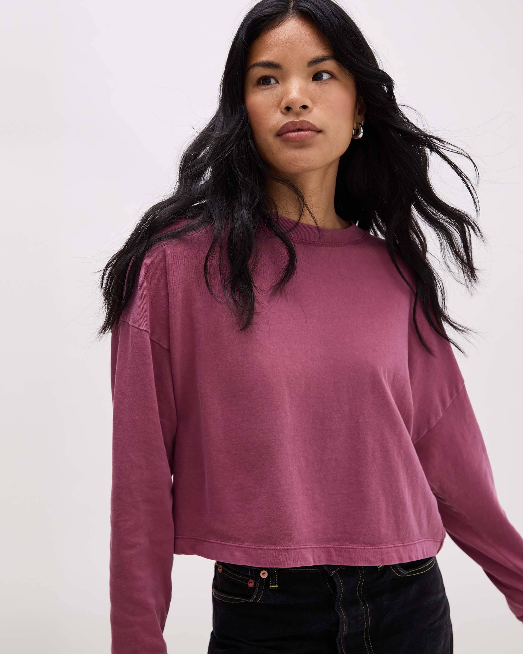 Womens Relaxed Crop Long Sleeve Tee - Pigment Dye Jersey - Burgundy - Image 2