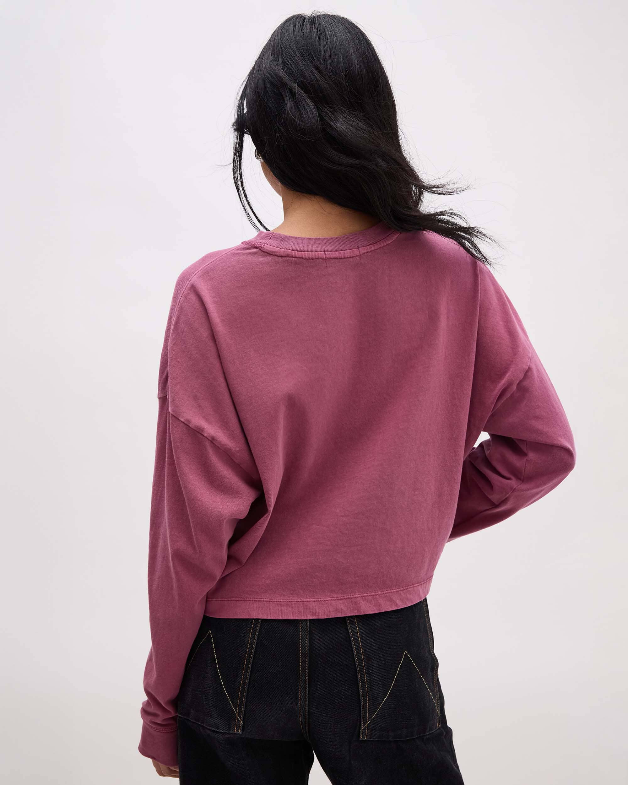 Womens Relaxed Crop Long Sleeve Tee - Pigment Dye Jersey - Burgundy - Image 3