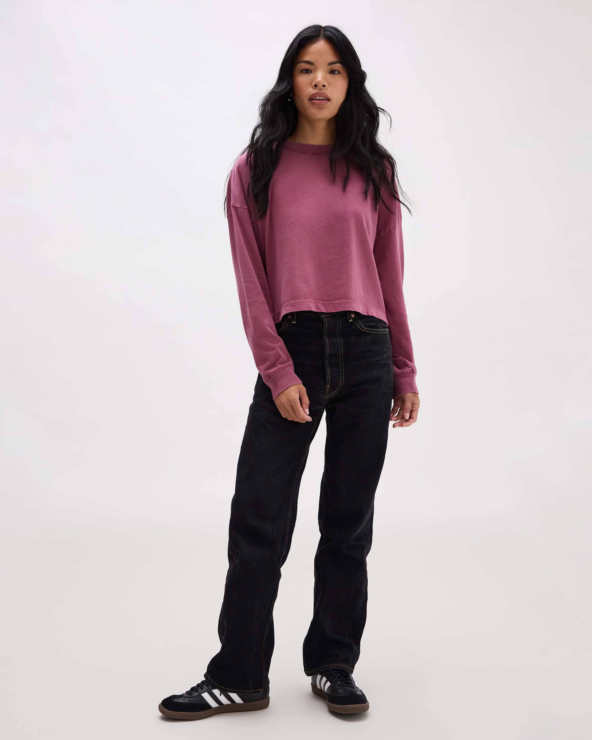 Womens Relaxed Crop Long Sleeve Tee - Pigment Dye Jersey - Burgundy - Image 4