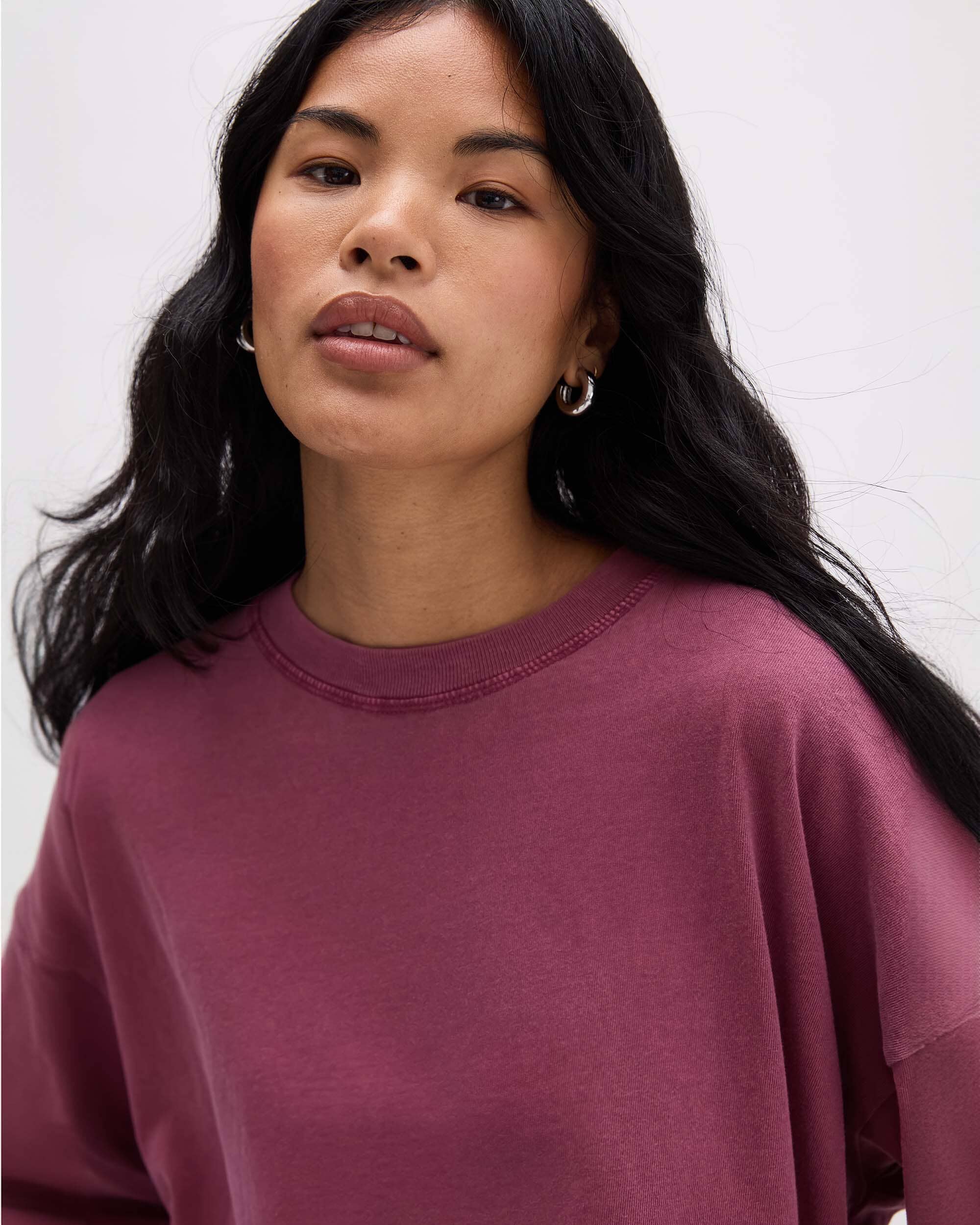Womens Relaxed Crop Long Sleeve Tee - Pigment Dye Jersey - Burgundy - Image 5
