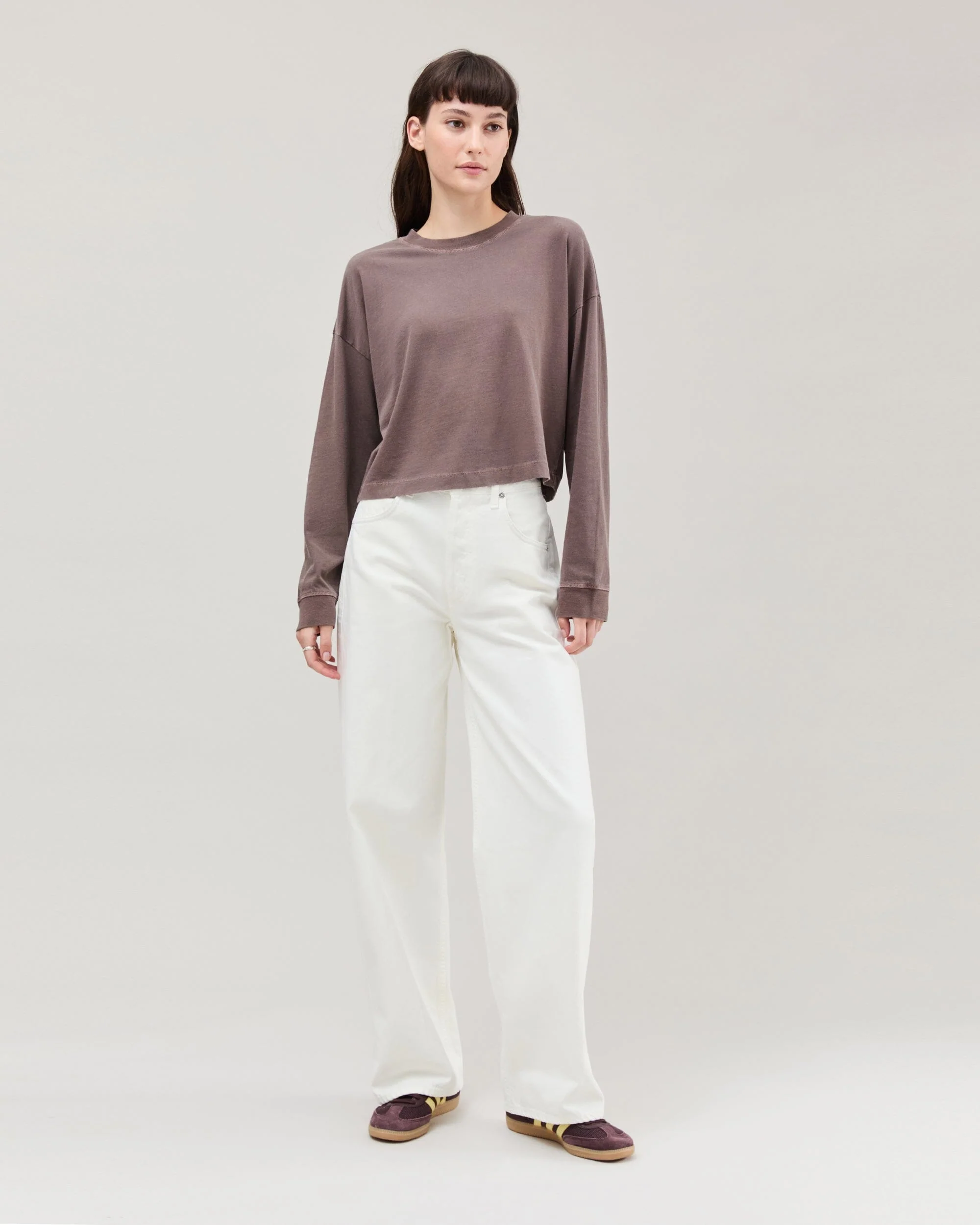 Womens Relaxed Crop Long Sleeve Tee - Pigment Dye Jersey - Mole - Image 2