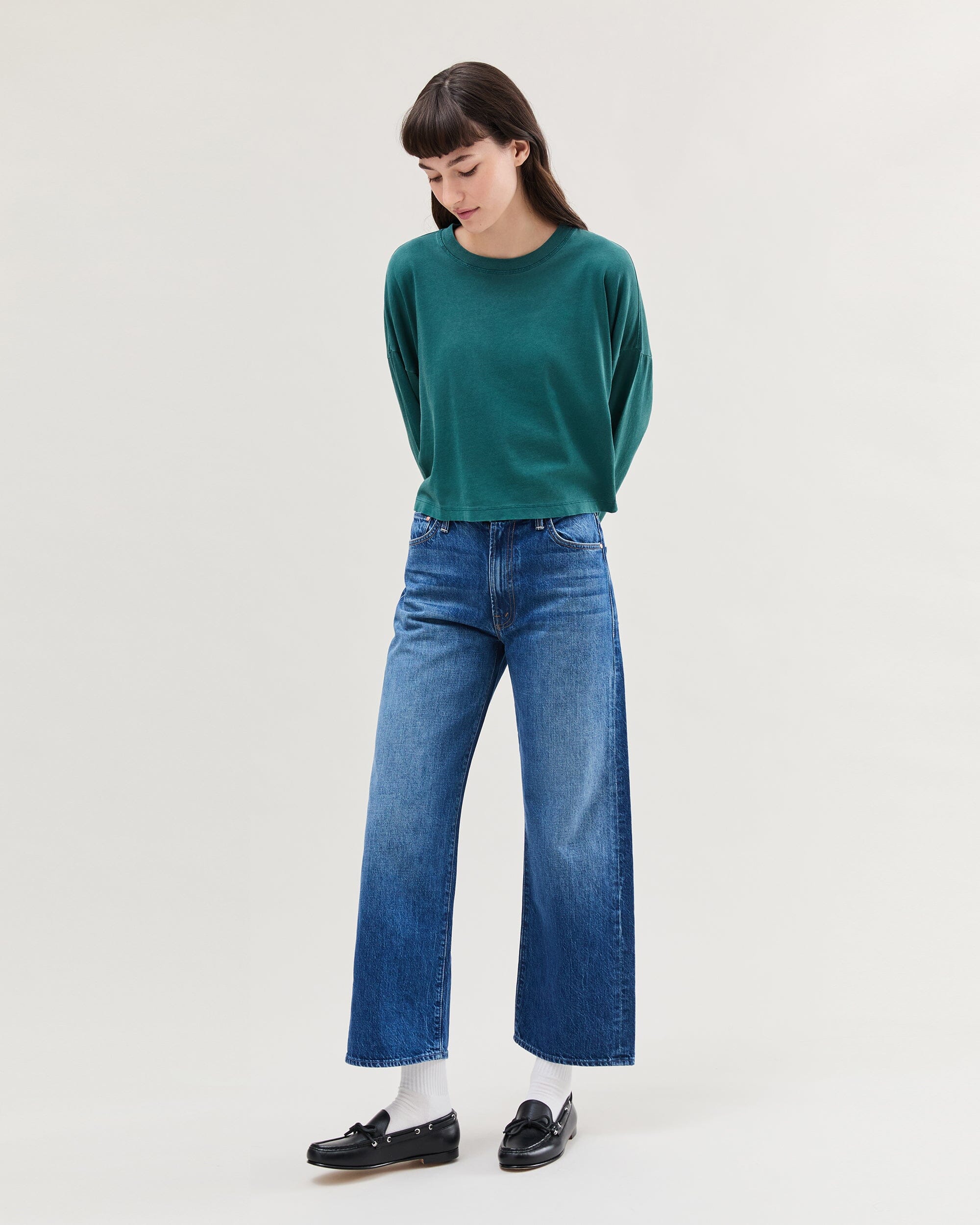 Womens Relaxed Crop Long Sleeve Tee - Pigment Dye Jersey - Rainforest - Image 2