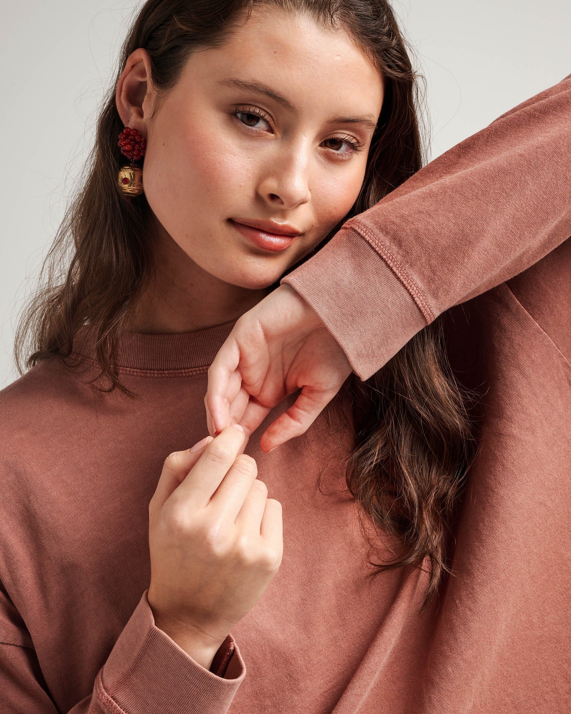 Womens Relaxed Crop Long Sleeve Tee - Pigment Dye Jersey - Russet - Image 3