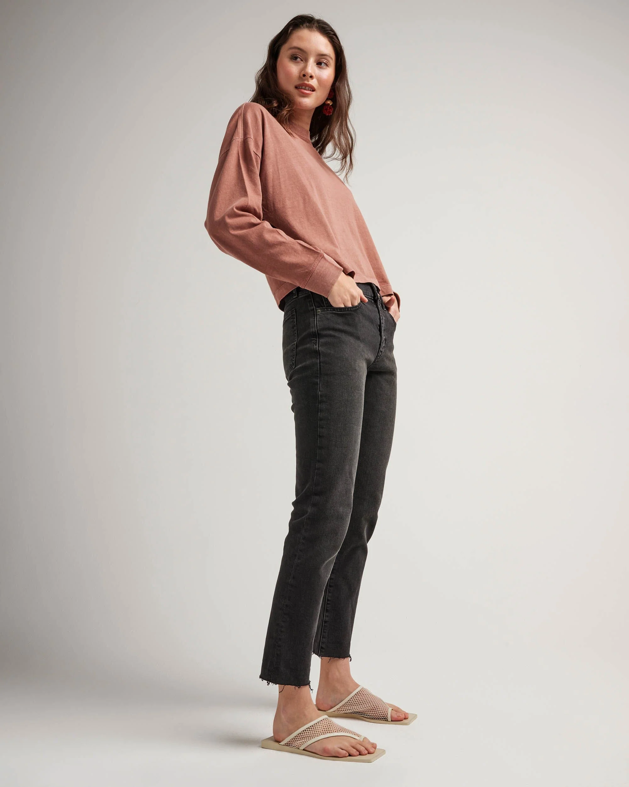 Womens Relaxed Crop Long Sleeve Tee - Pigment Dye Jersey - Russet - Image 4