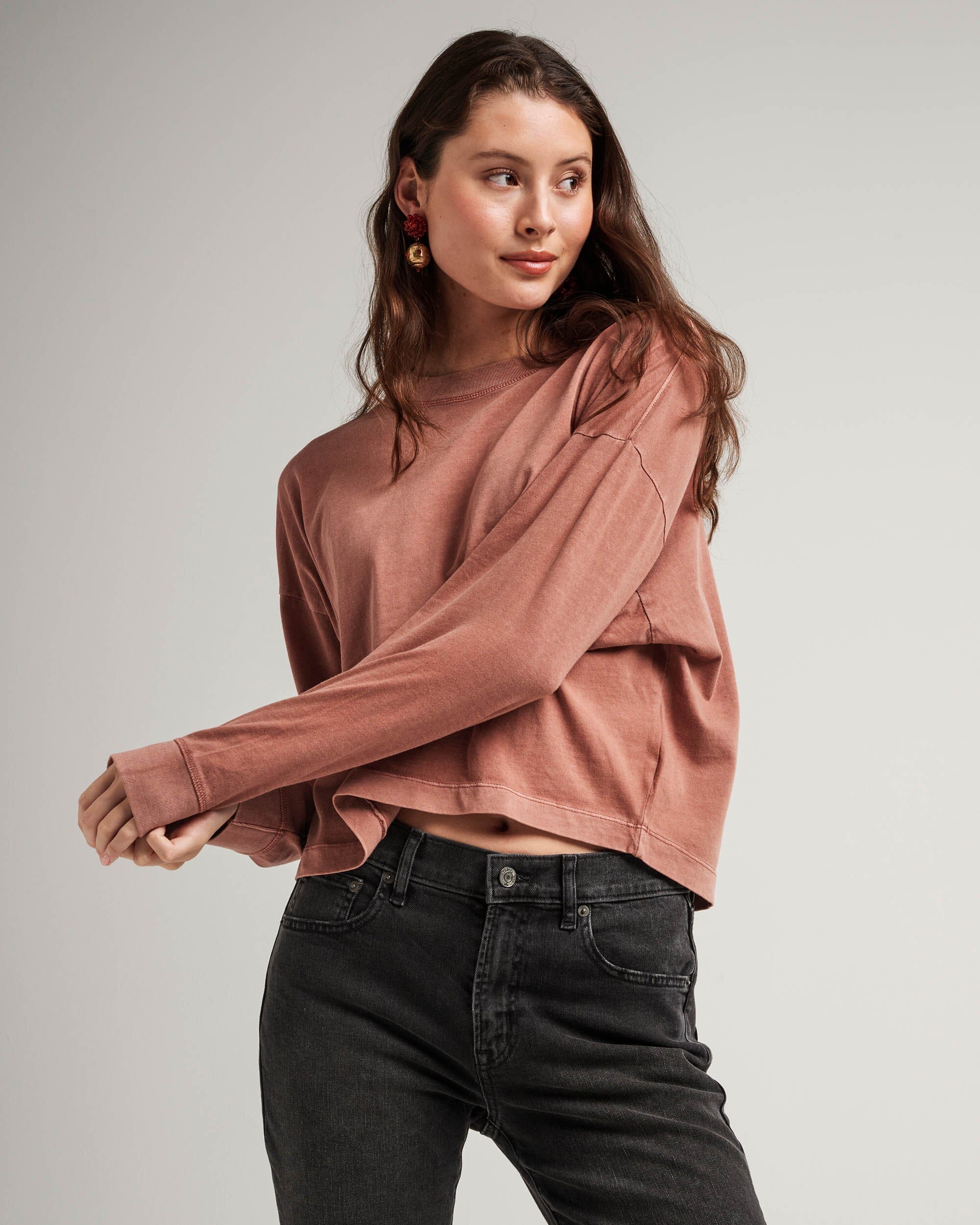 Womens Relaxed Crop Long Sleeve Tee - Pigment Dye Jersey - Russet - Image 5