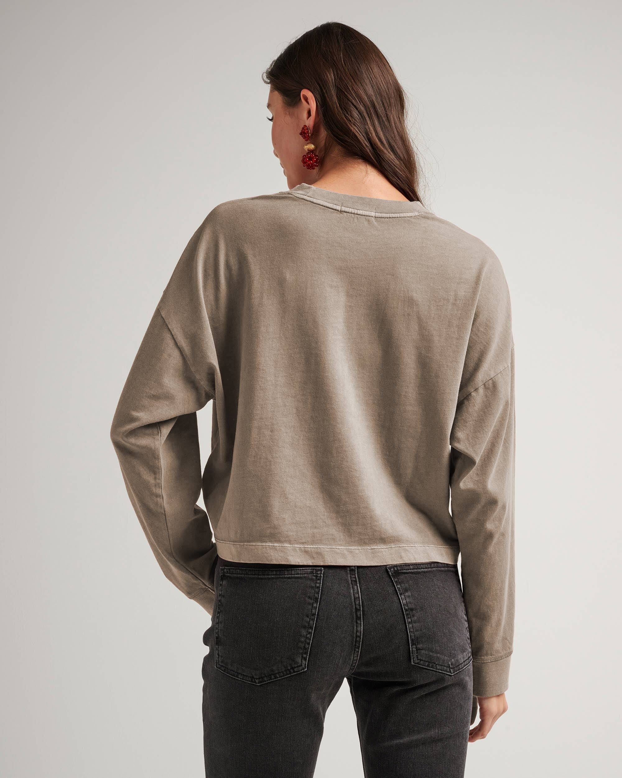 Womens Relaxed Crop Long Sleeve Tee - Pigment Dye Jersey - Warm Grey - Image 3