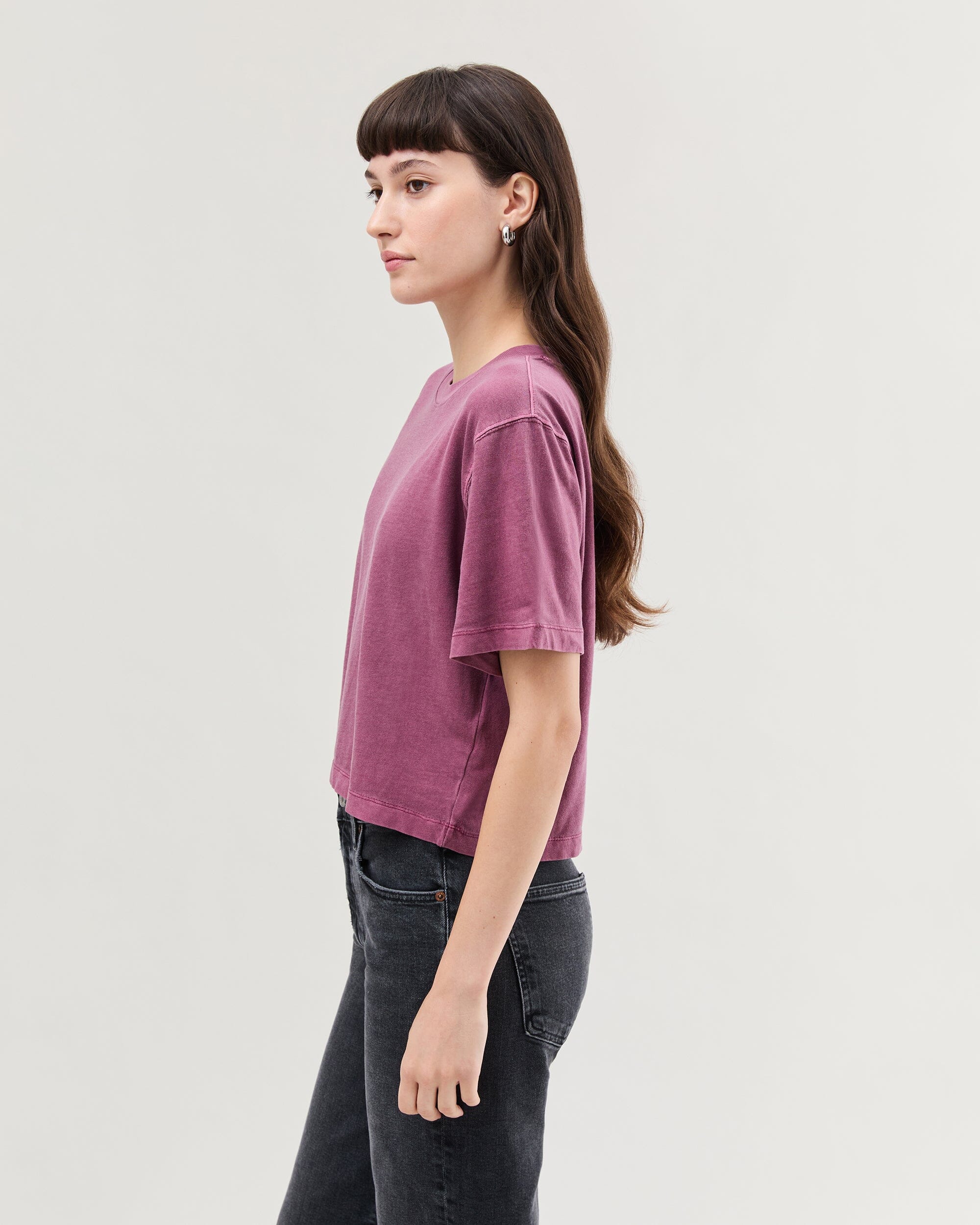 Womens Relaxed Crop Tee - Pigment Dye Jersey - Burgundy - Image 3