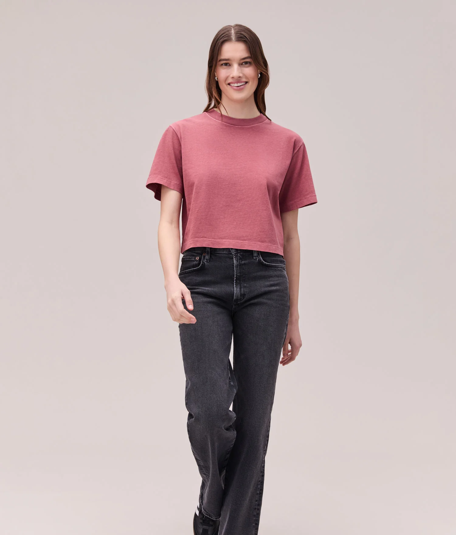 Womens Relaxed Crop Tee - Pigment Dye Jersey - Marsala - Image 3