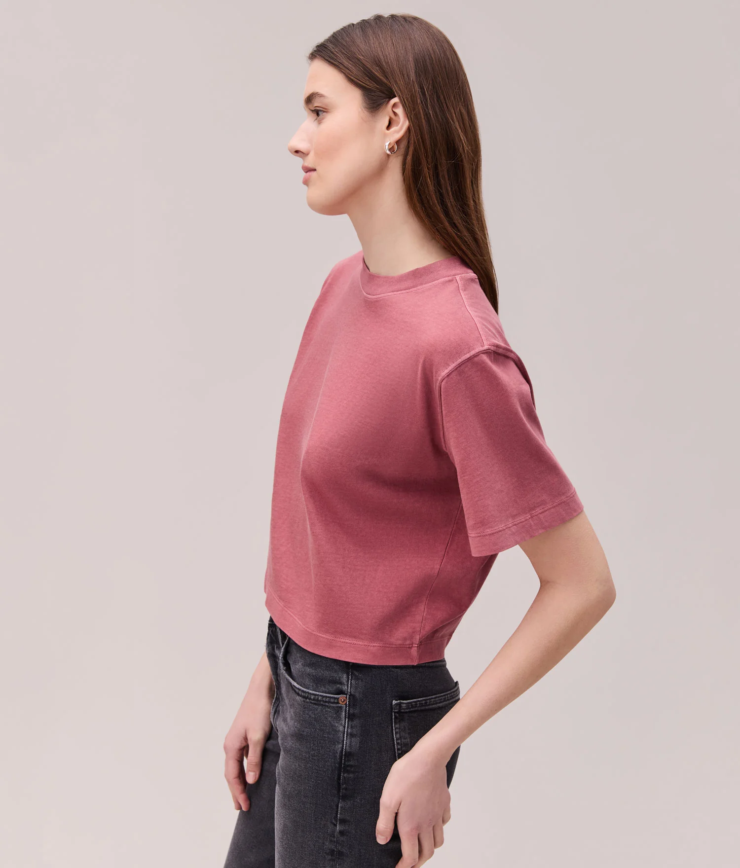 Womens Relaxed Crop Tee - Pigment Dye Jersey - Marsala - Image 4