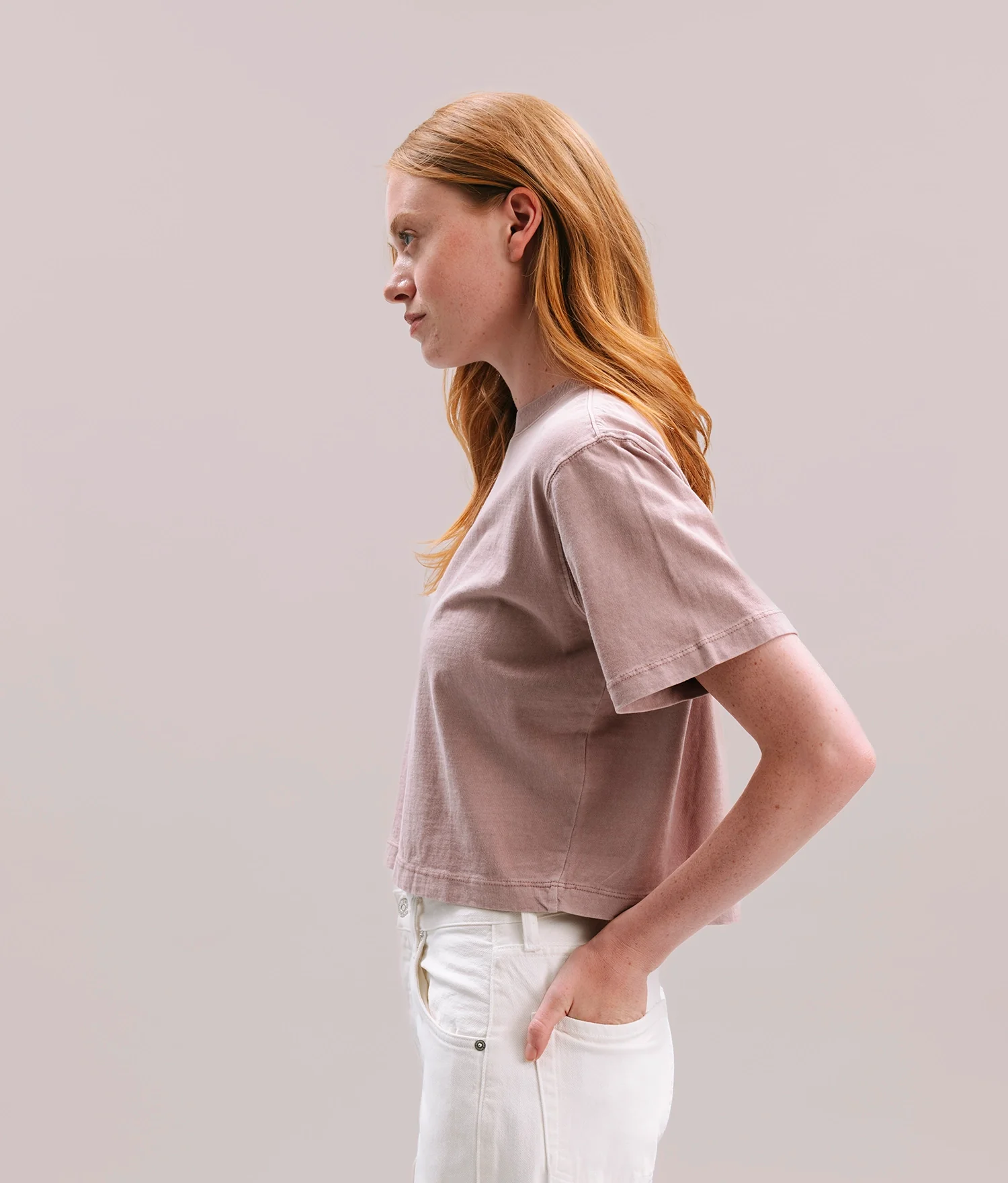 Womens Relaxed Crop Tee - Pigment Dye Jersey - Soft Mauve - Image 3