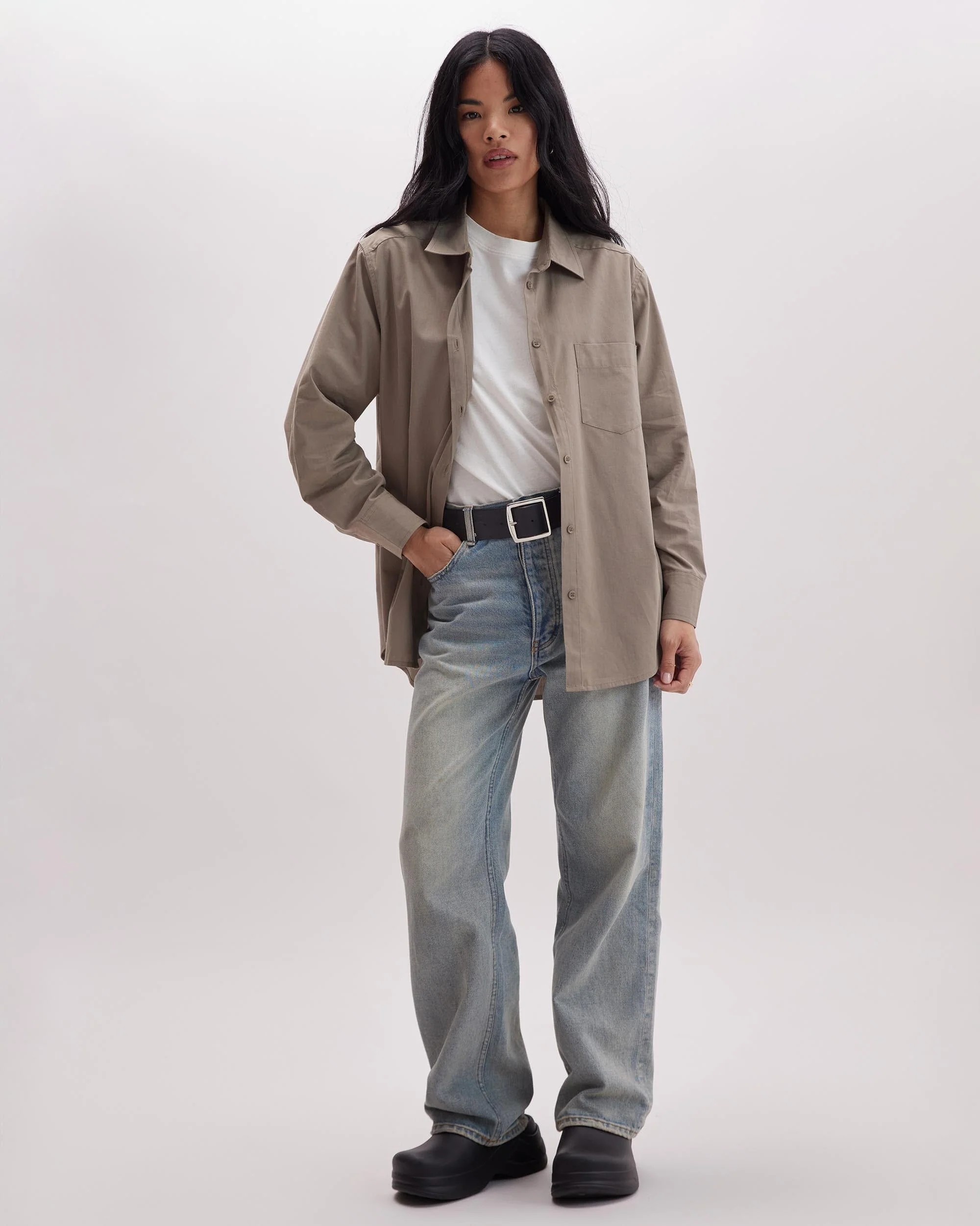 Womens Venice Button Up Shirt - Cotton Rayon Woven - Warm Grey - Image 3