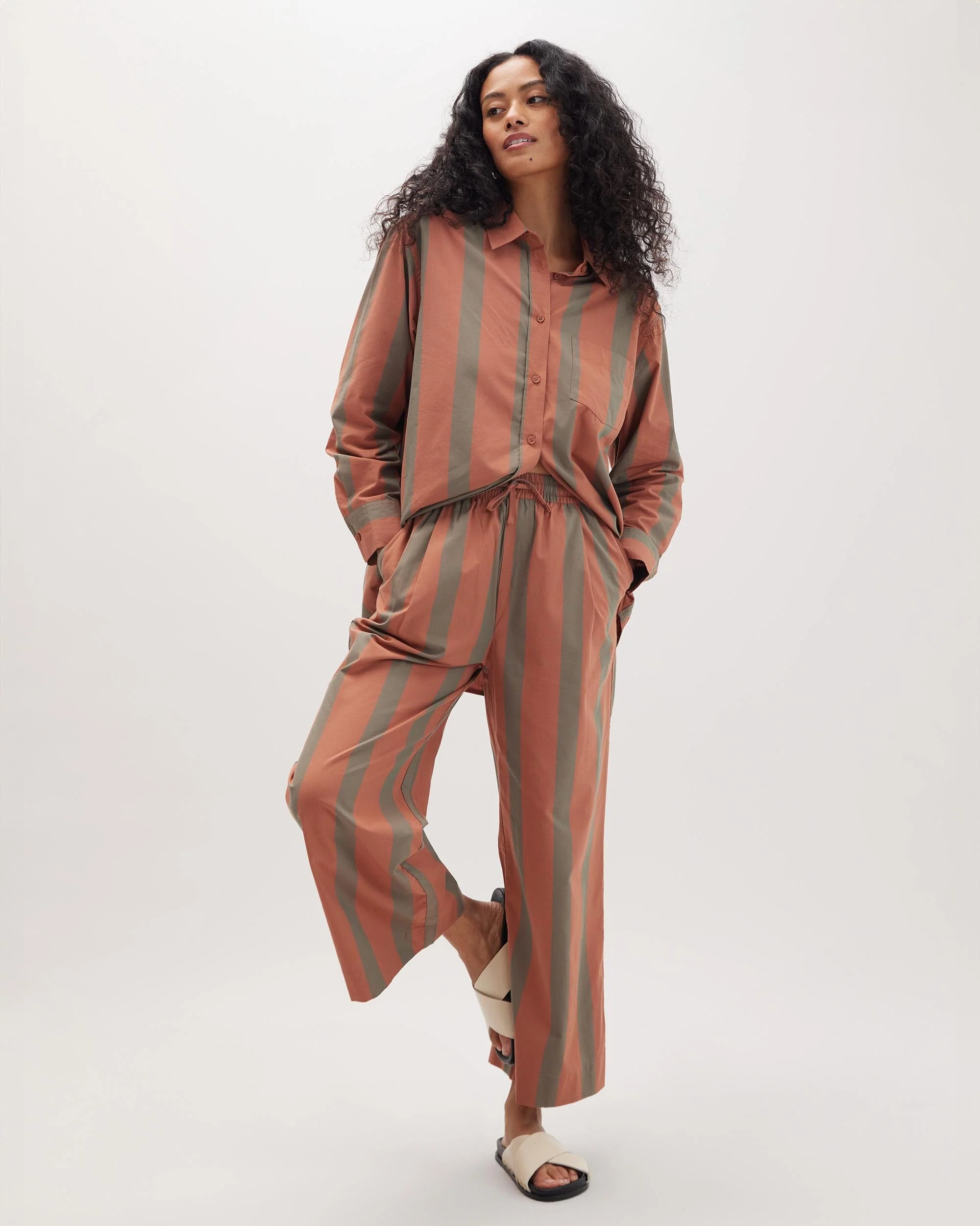 Womens Venice Drawstring Pant - Cotton Rayon Woven - Russet Sage Stripe - Image 2