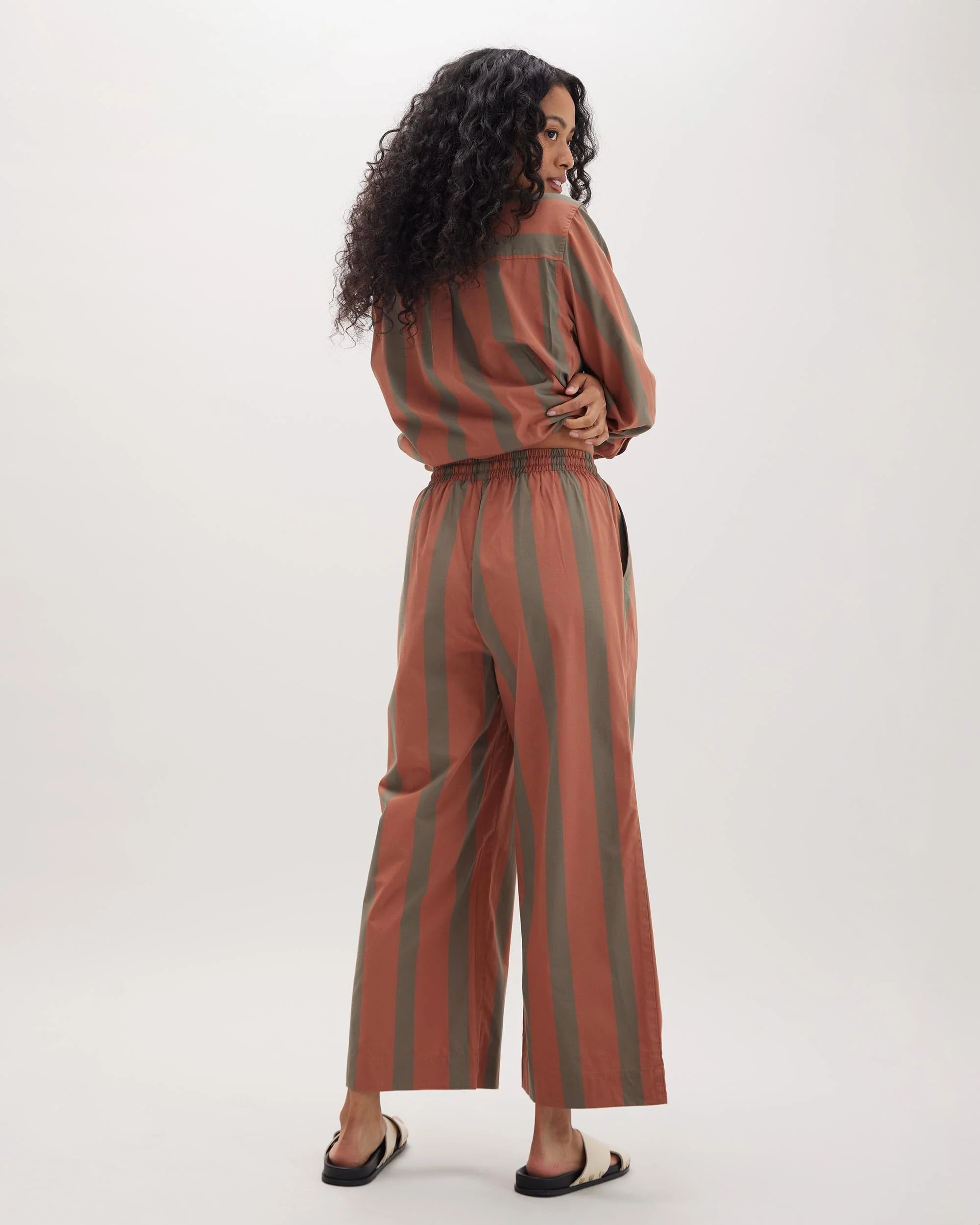 Womens Venice Drawstring Pant - Cotton Rayon Woven - Russet Sage Stripe - Image 3