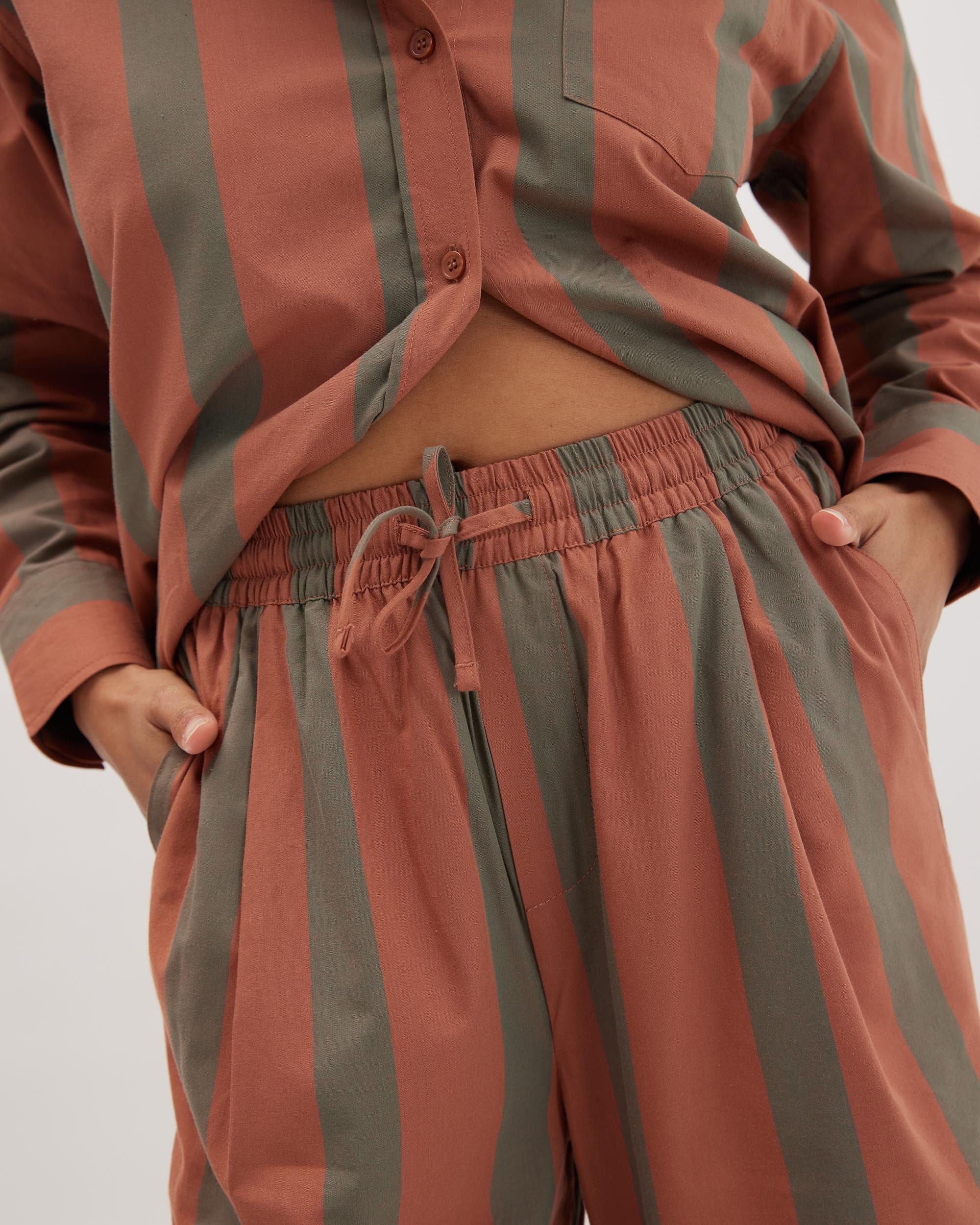 Womens Venice Drawstring Pant - Cotton Rayon Woven - Russet Sage Stripe - Image 4