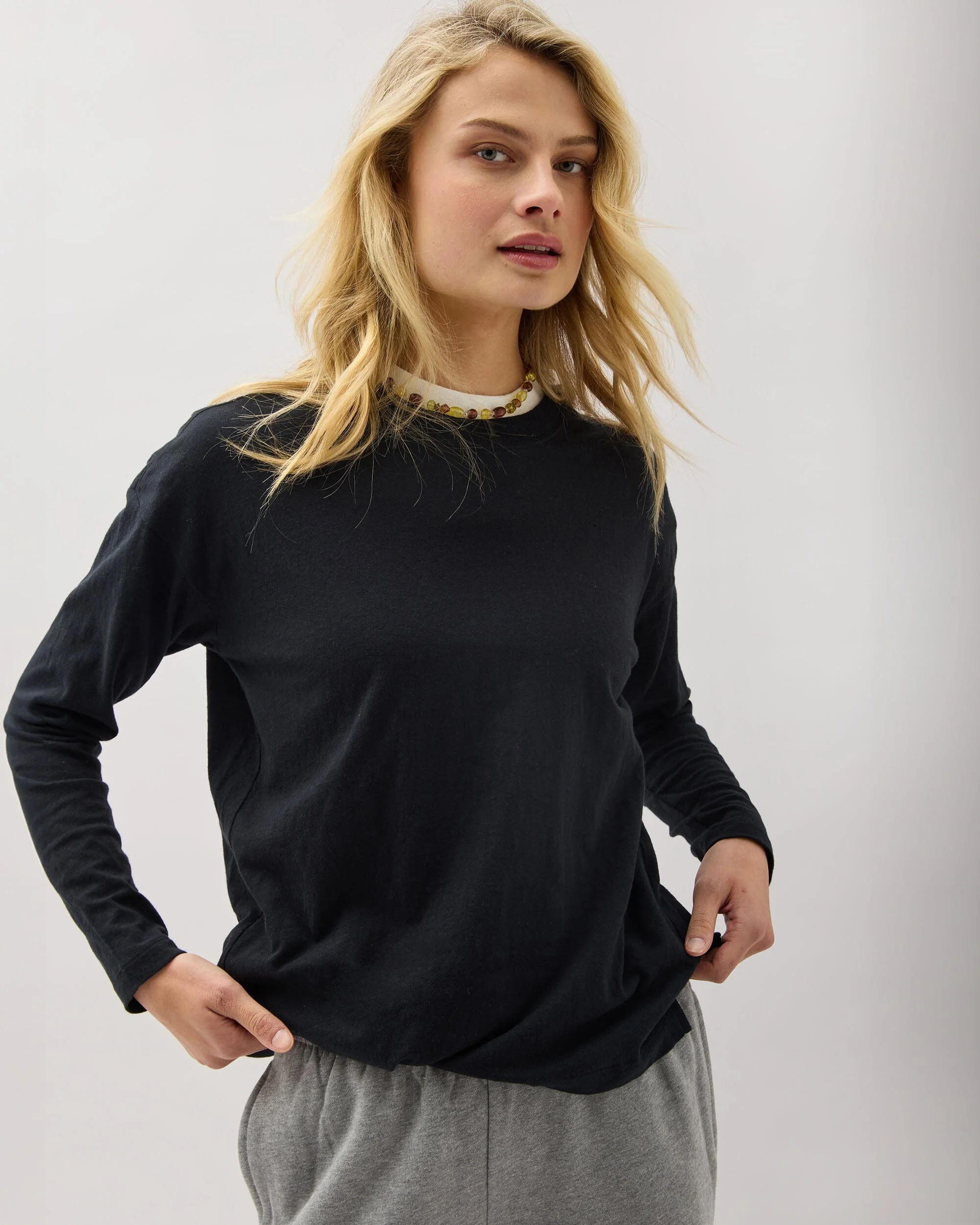 Womens Vintage Jersey Long Sleeve Tee - Recycled Cotton Jersey - Black - Image 3