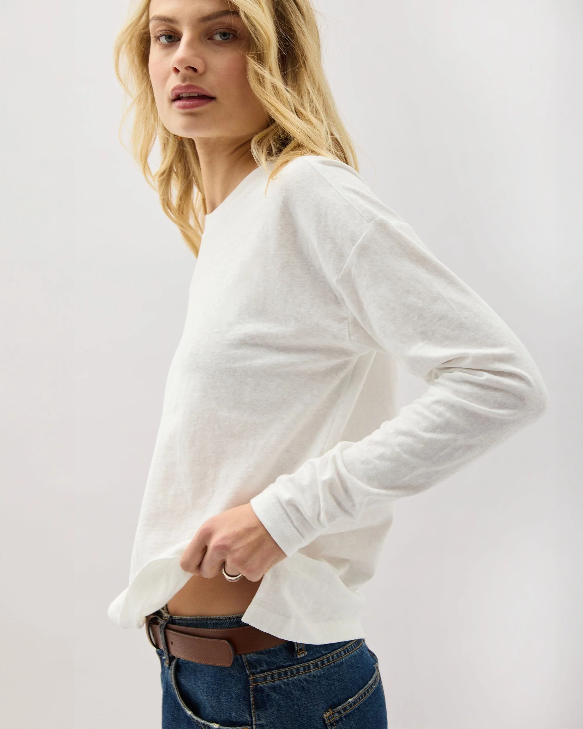 Womens Vintage Jersey Long Sleeve Tee - Recycled Cotton Jersey - White - Image 2