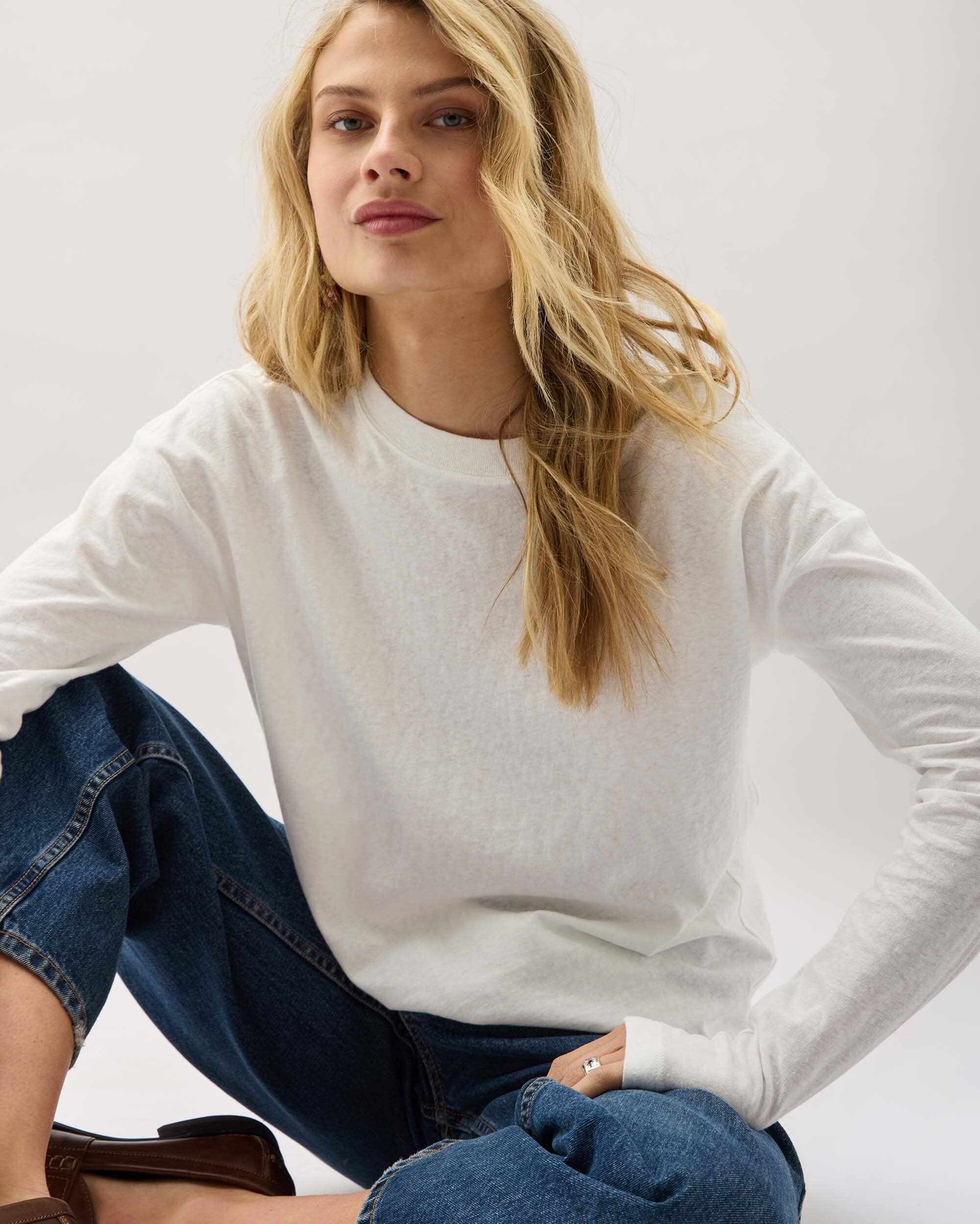 Womens Vintage Jersey Long Sleeve Tee - Recycled Cotton Jersey - White - Image 6
