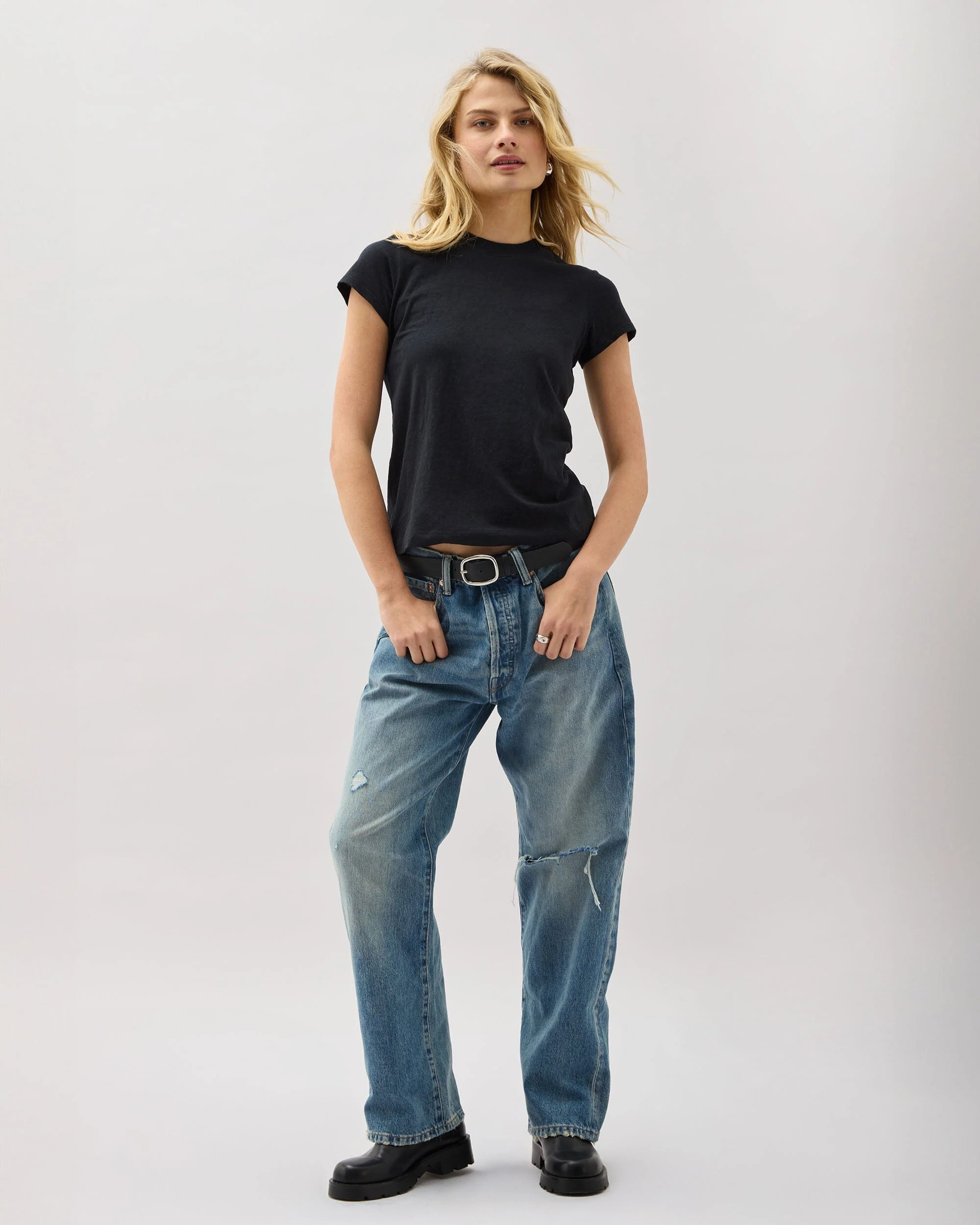 Womens Vintage Jersey Short Sleeve Tee - Recycled Cotton Jersey - Black - Image 2