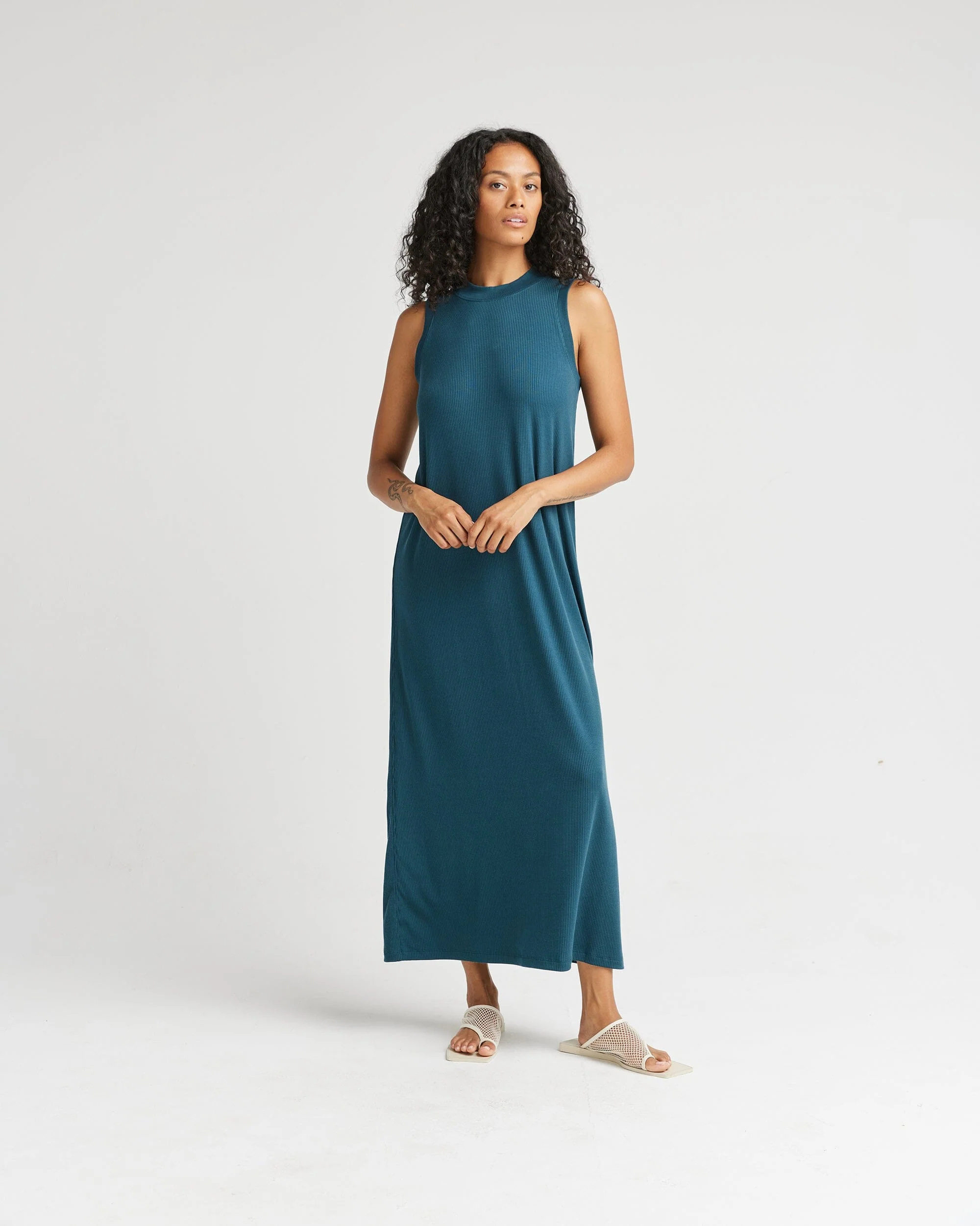 Womens Vintage Rib Column Dress - Lyocell Rib Knit - Reflecting Pond - Image 2